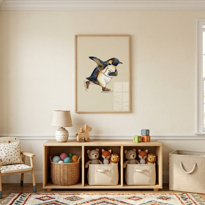Watercolor ice skating penguin wall art hangs above a toy shelf with stuffed animals, a lamp, and a patterned chair.