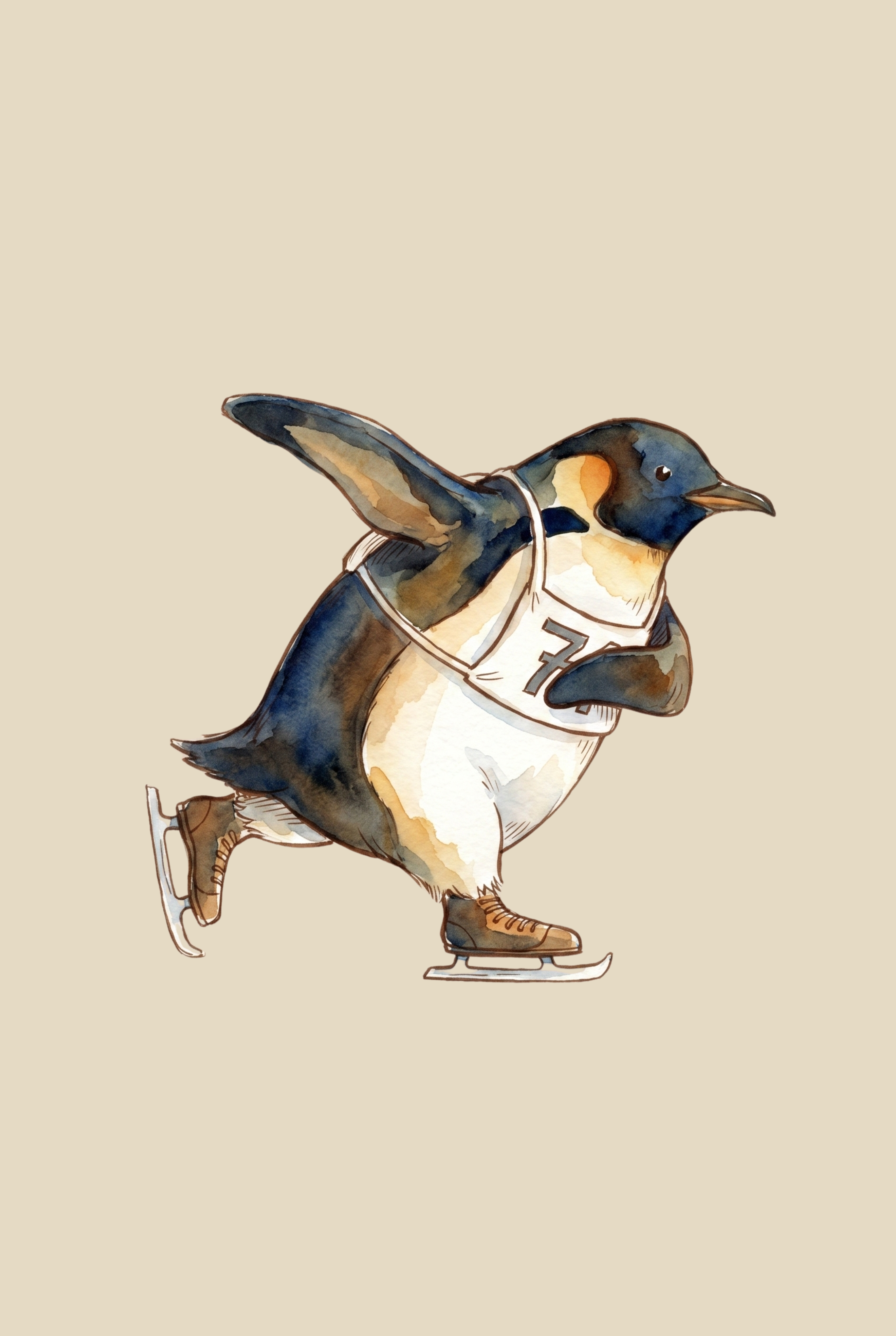 Watercolor Ice Skating Penguin Wall Art - Dashing Penguin Glide