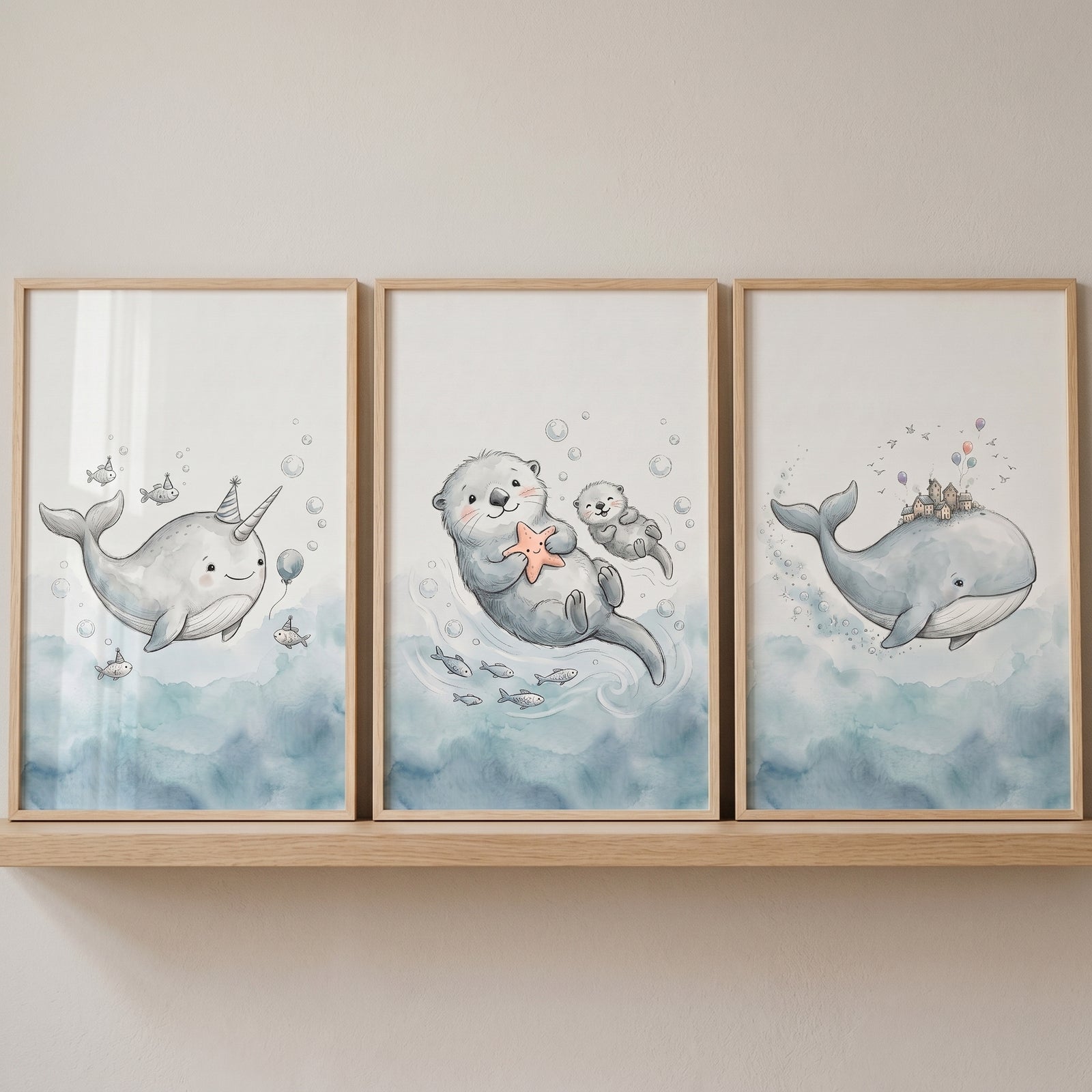 Watercolor indigo sea animal wall art set of 3 with a narwhal, otters, and a whale in light wood frames on a shelf.
