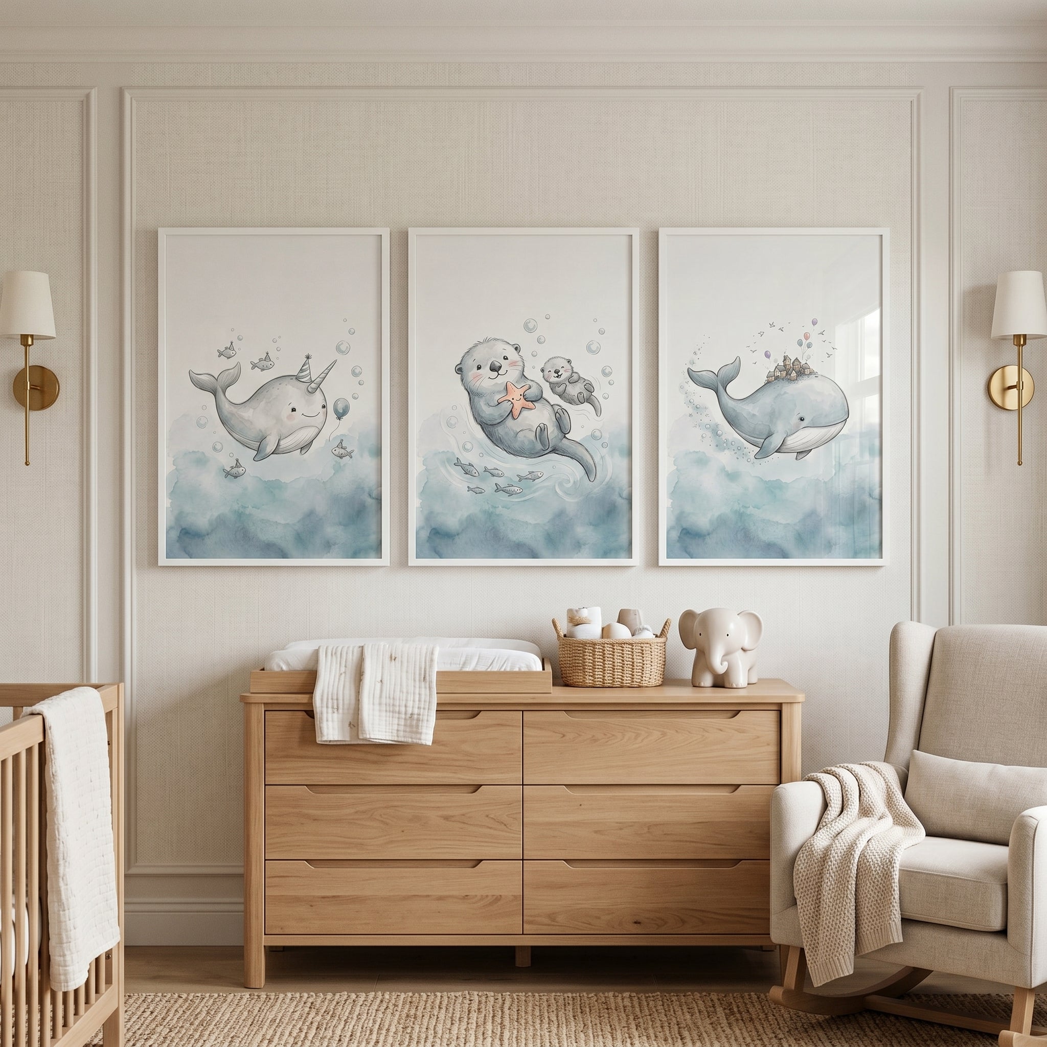 Watercolor Indigo Sea Animal Wall Art Set Of 3 - Nautical Nursery Art