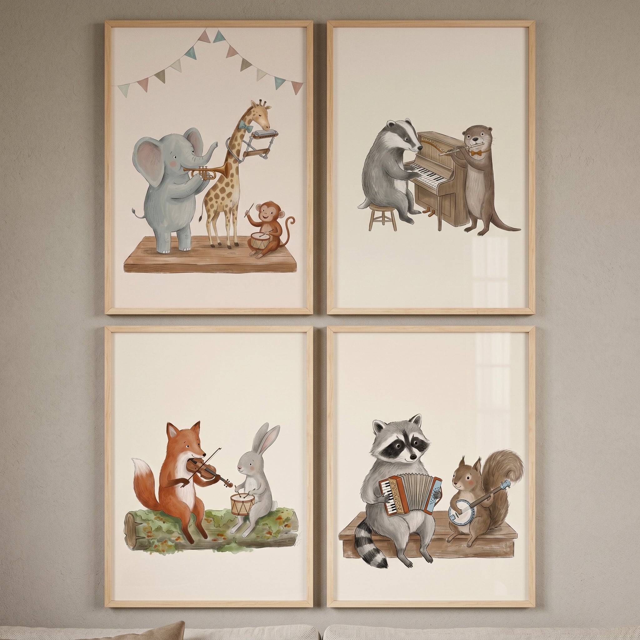 Watercolor Instrumental Animal Band Wall Art Set Of 4 - Musical Forest Friends
