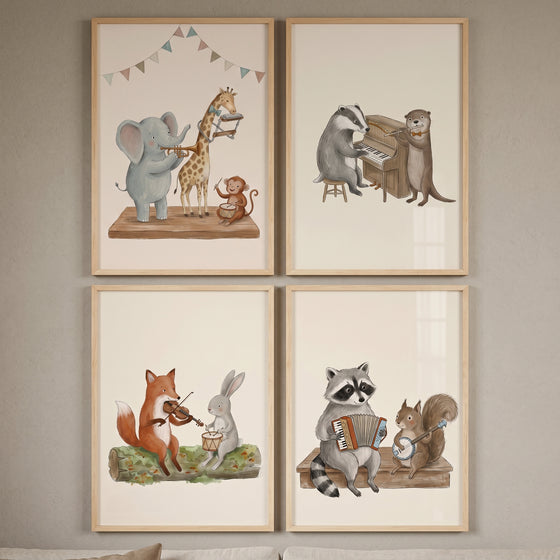 Watercolor instrumental animal band wall art set of 4 with safari and forest animals playing musical instruments.