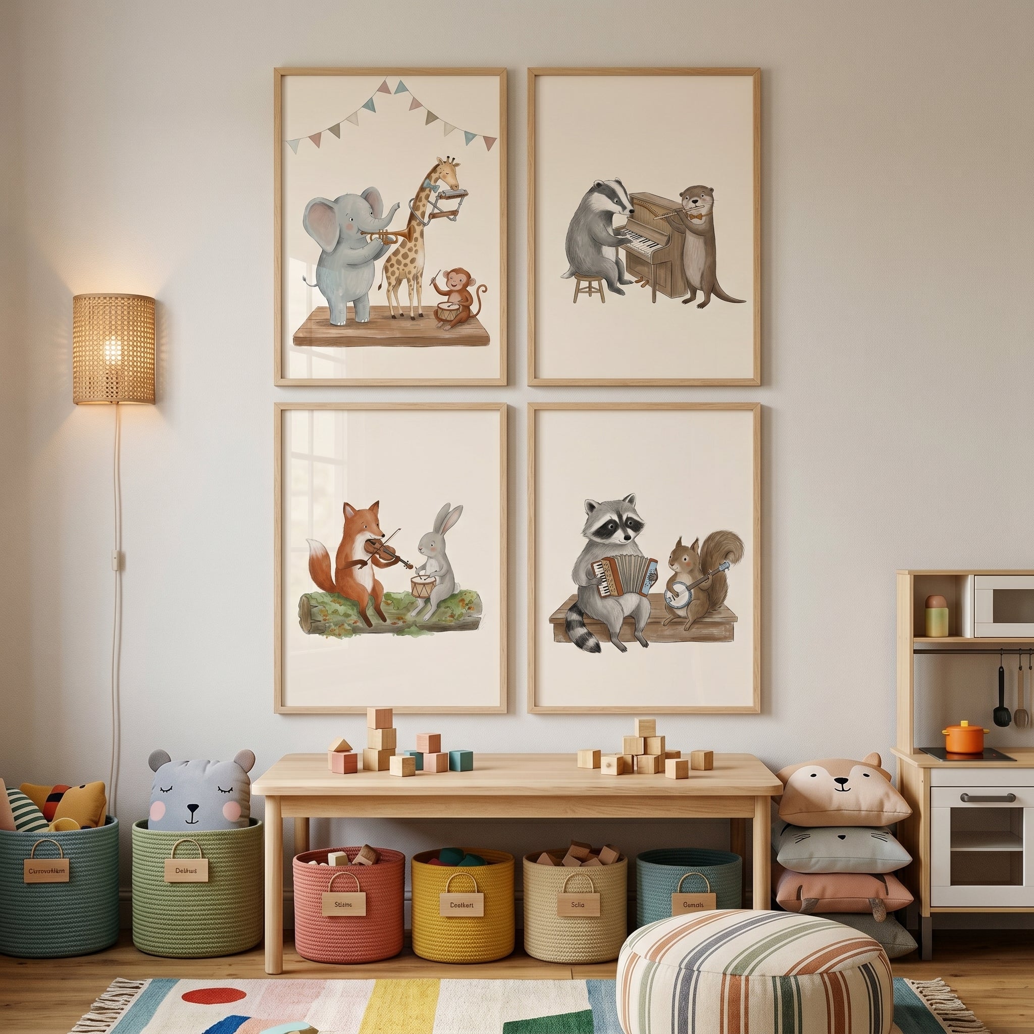 Watercolor Instrumental Animal Band Wall Art Set Of 4 - Musical Forest Friends
