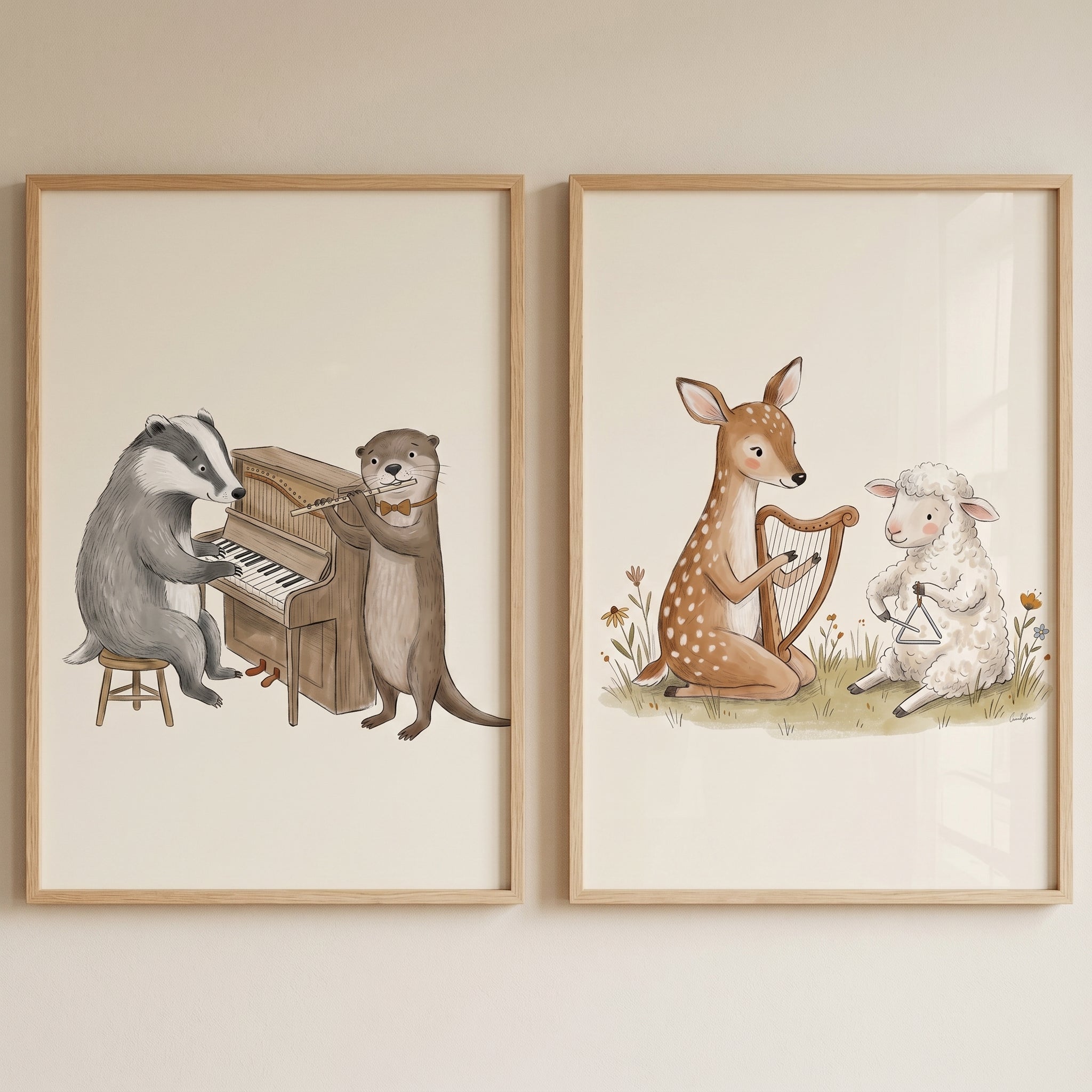 Watercolor Instrumental Forest Animals Wall Art Set Of 2 - Woodland Harmony Duo