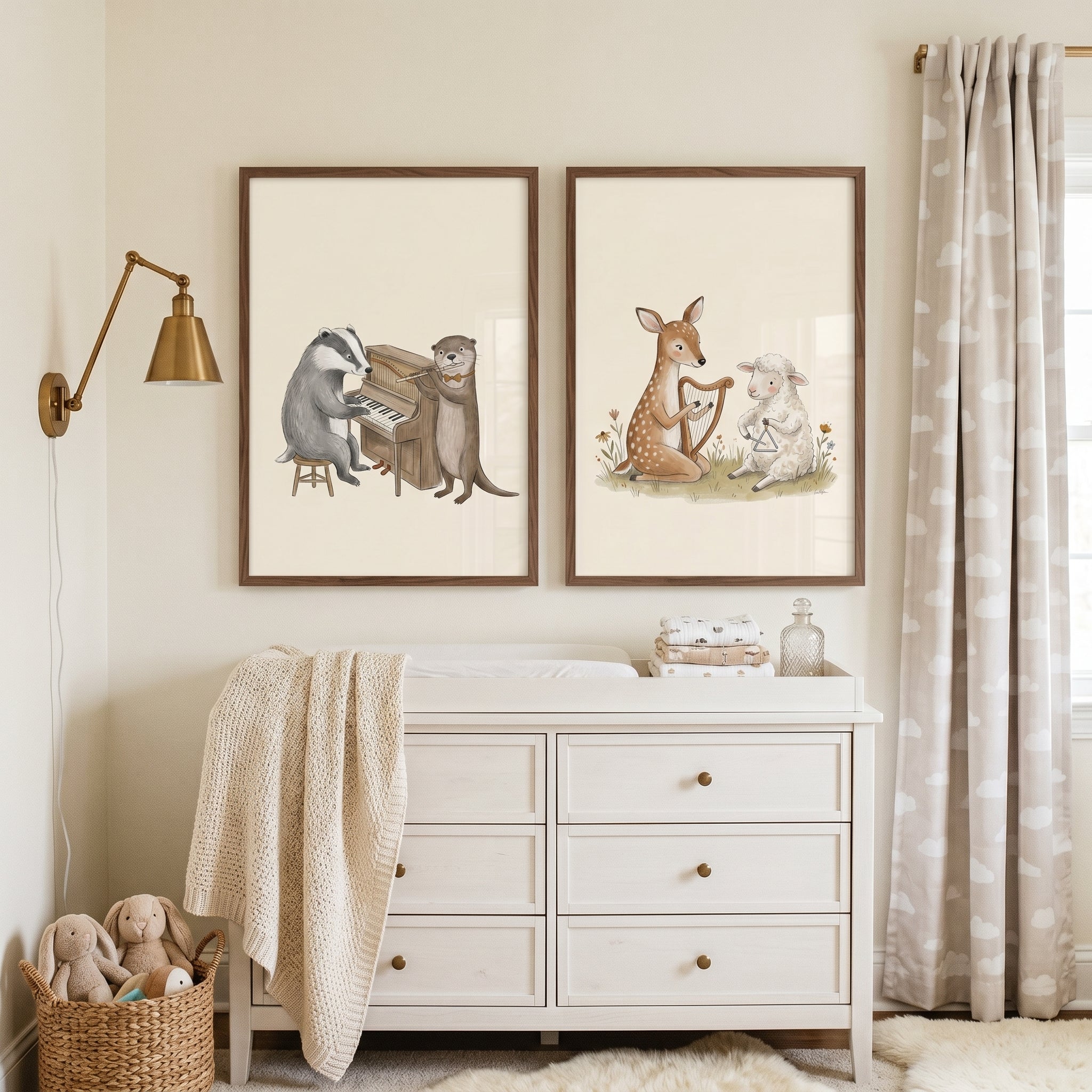Watercolor Instrumental Forest Animals Wall Art Set Of 2 - Woodland Harmony Duo