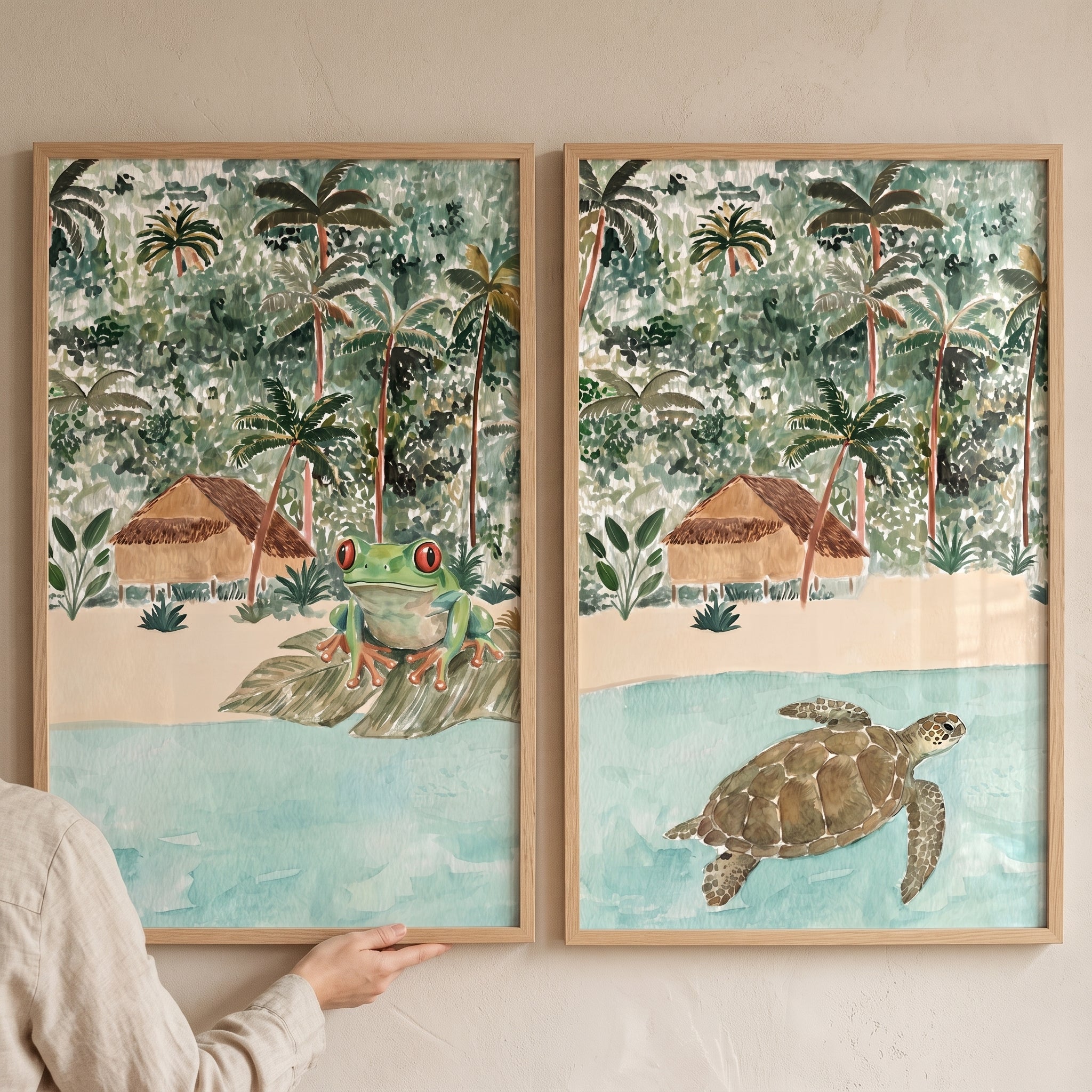 Watercolor Island Getaway Animals Wall Art Set of 2 - Tropical Island Dreams