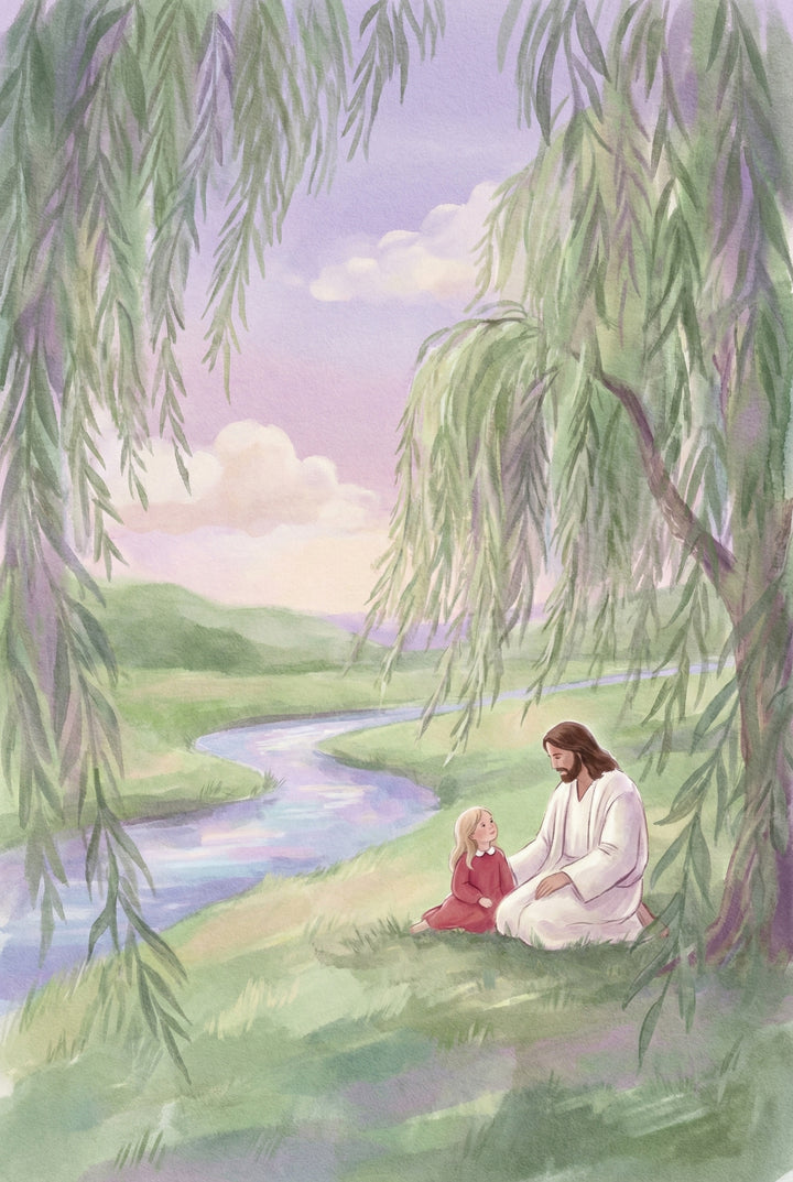 Soft watercolor illustration of Jesus sitting on the grass beside a young girl under long flowing willow branches near a winding river. Gentle hills and pastel clouds fill the background. The quiet riverside setting conveys peace and companionship.

