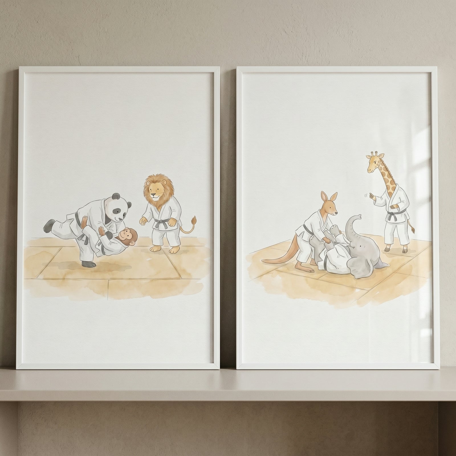 Watercolor judo safari animal wall art set of 2 shows a panda, lion, monkey, kangaroo, elephant, and giraffe in uniforms.