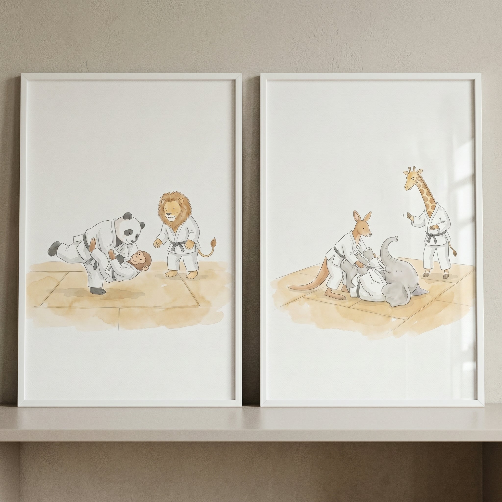 Watercolor Judo Safari Animal Wall Art Set of 2 - Animal Dojo Fun