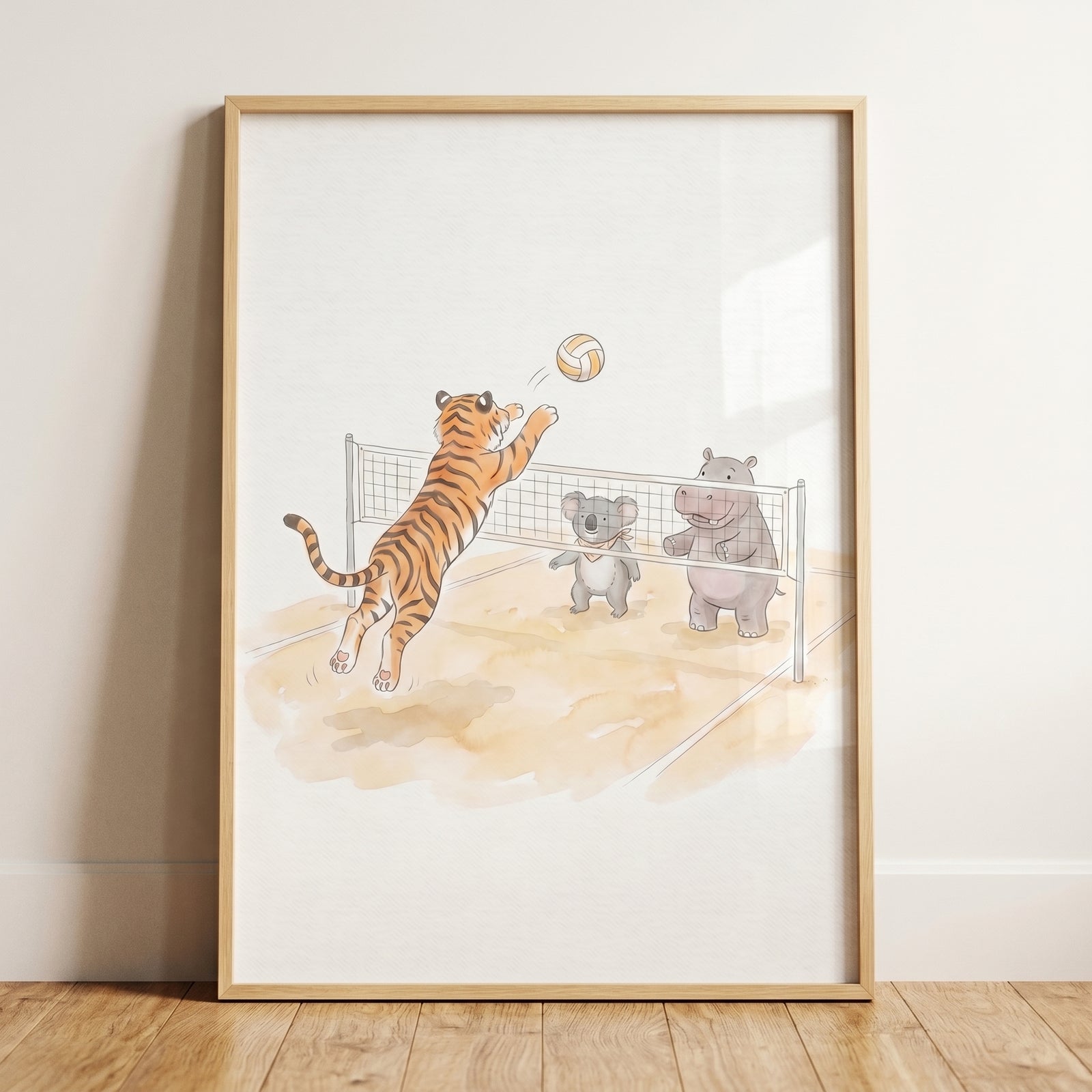 Watercolor jumping volleyball animals wall art featuring a tiger spiking a ball over a net to a koala and hippo.