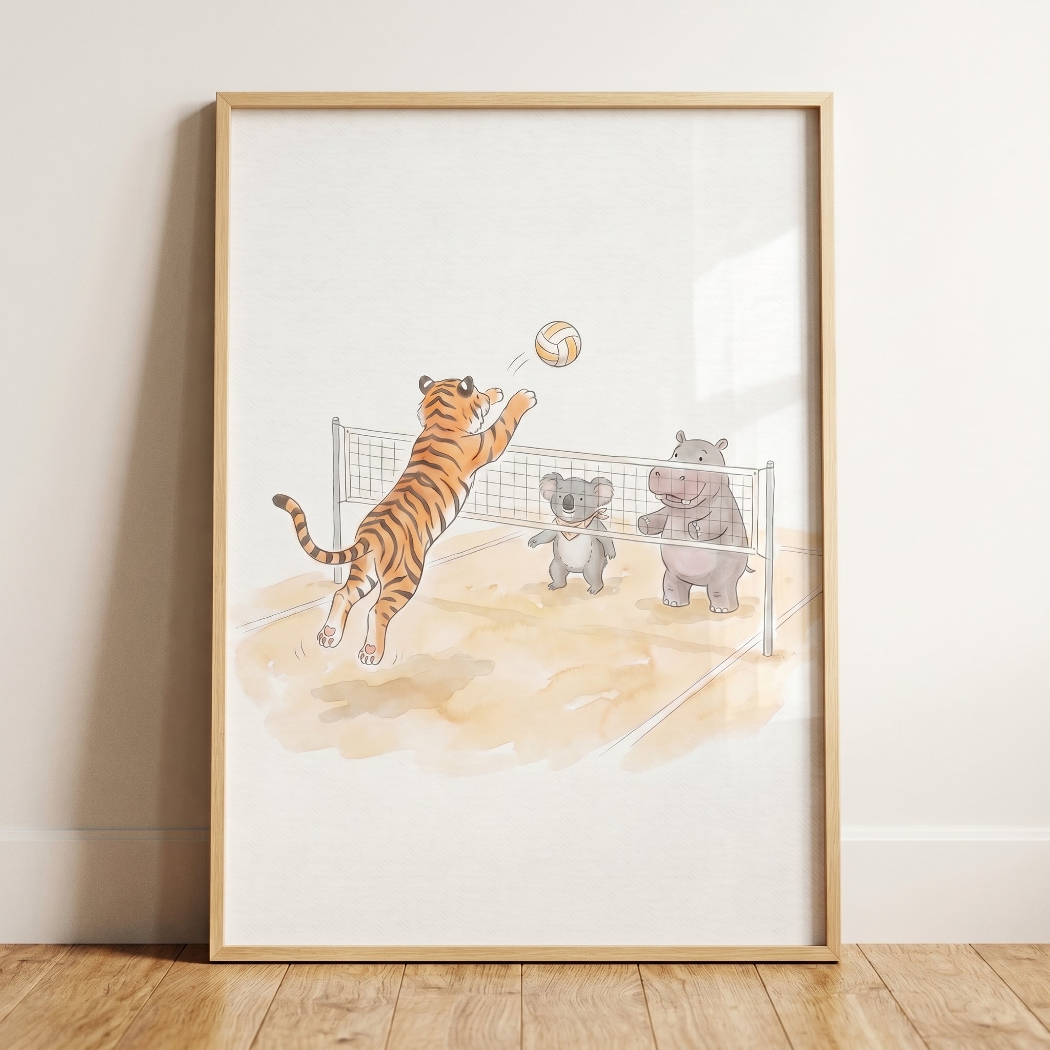 Watercolor Jumping Volleyball Animals Wall Art - Wild Volleyball Match