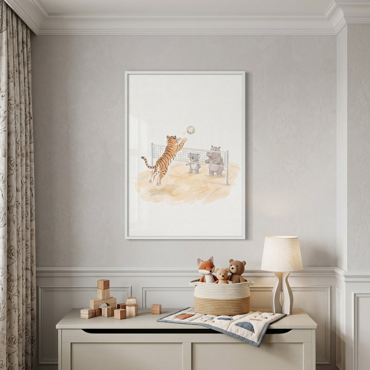Watercolor jumping volleyball animals wall art hangs in a nursery over a dresser with wooden blocks and plush toys.