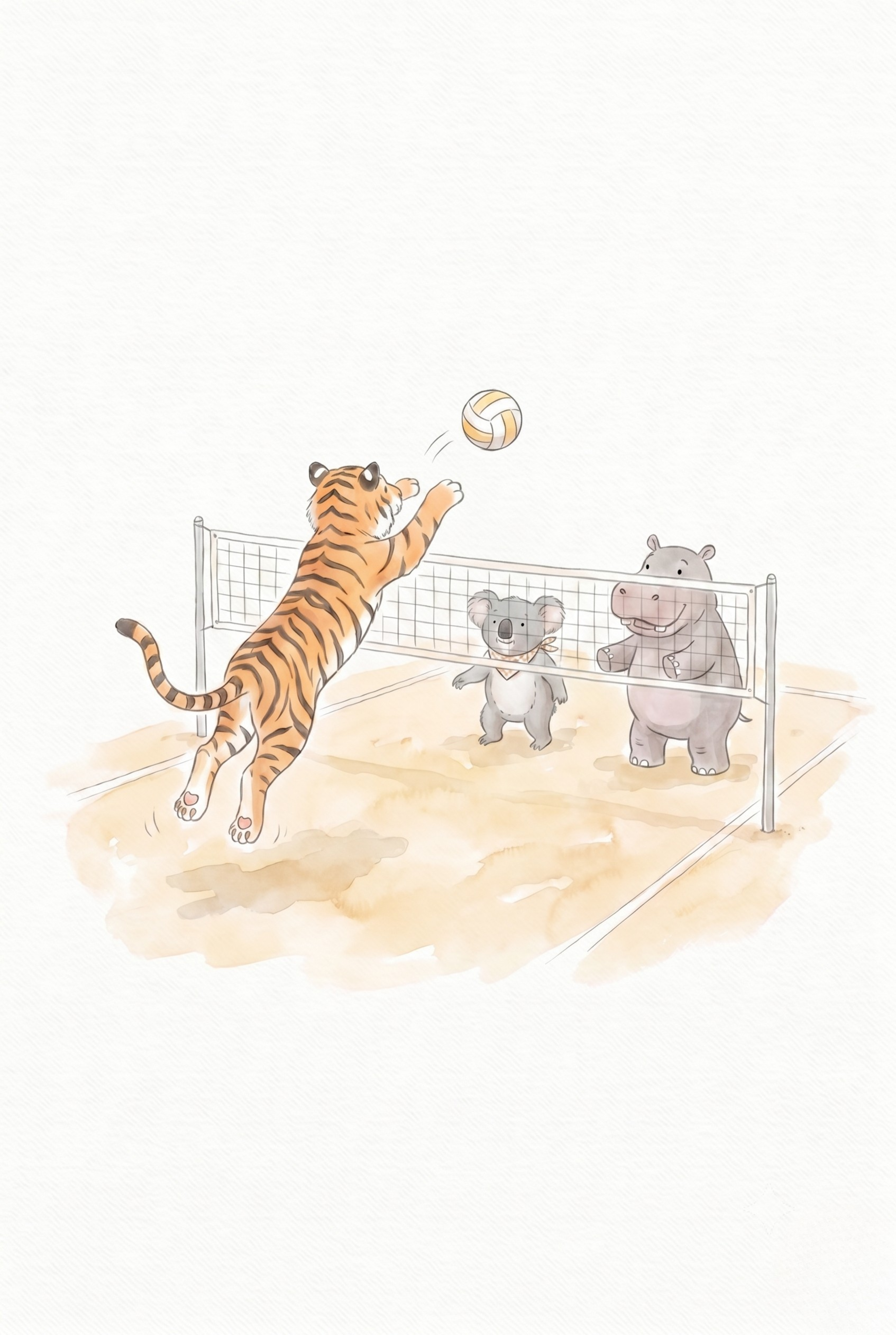 Watercolor Jumping Volleyball Animals Wall Art - Wild Volleyball Match