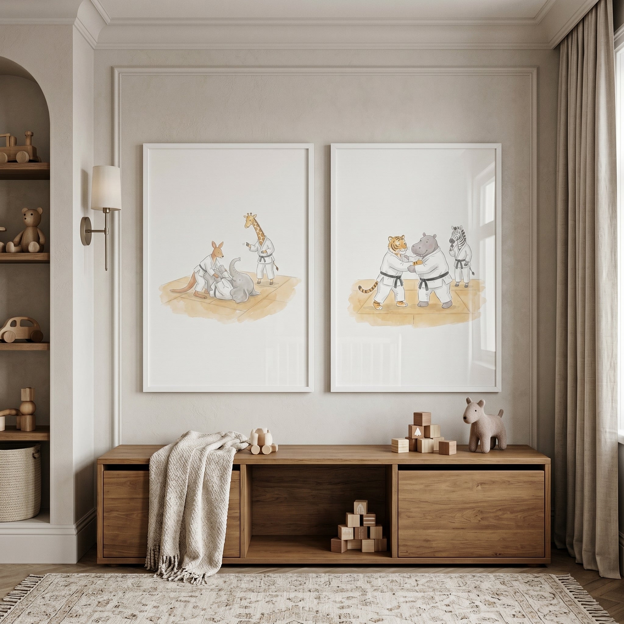 Watercolor Karate Wild Animals Wall Art Set of 2 - Animal Martial Arts