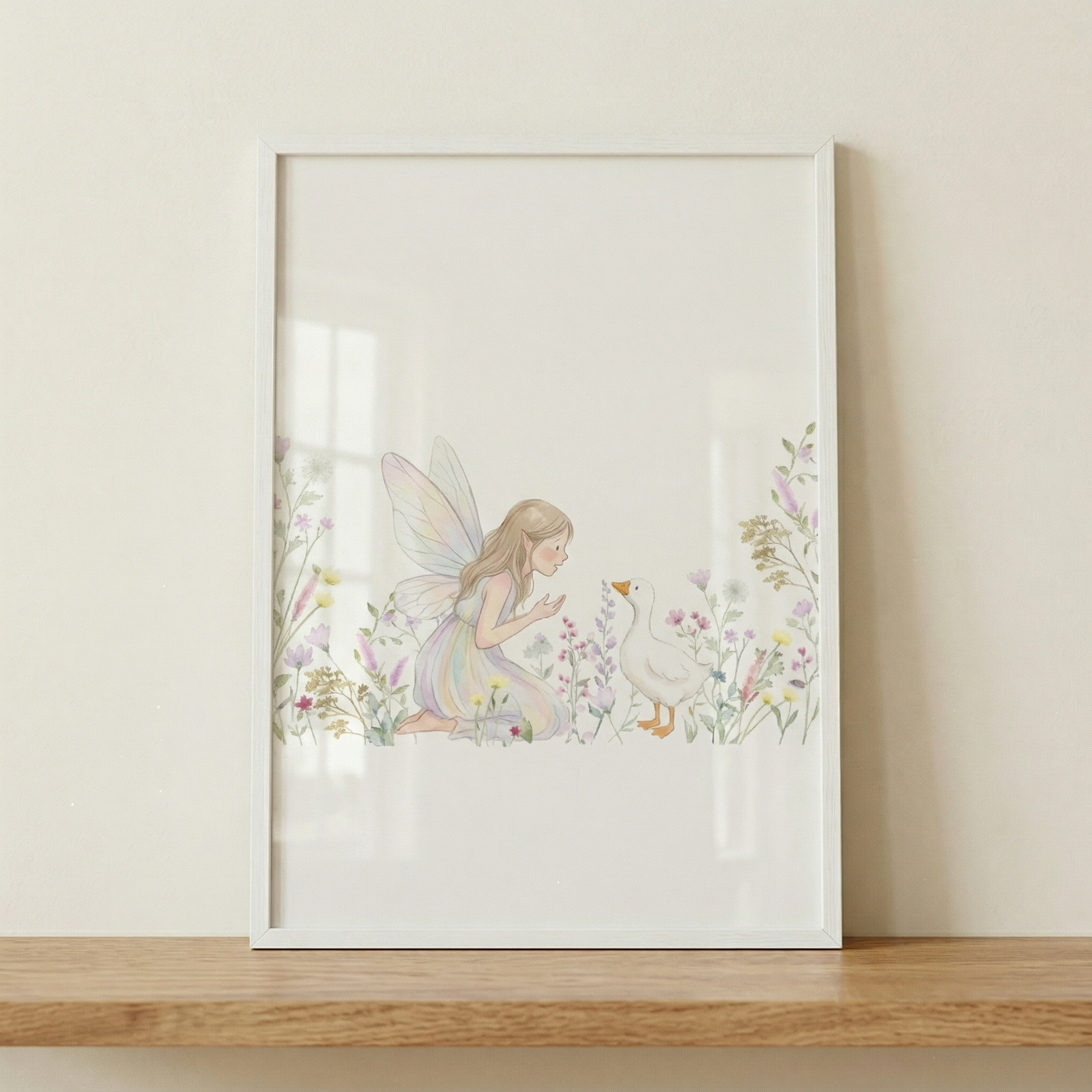 A white-framed watercolor illustration is displayed on a light wood shelf against a neutral wall. The art features a small, long-haired fairy with translucent, iridescent wings kneeling in a field of colorful wildflowers. She is reaching her hands gently toward a small white duckling standing before her. The scene is rendered in soft pastel shades of purple, yellow, and green on a clean, off-white background.