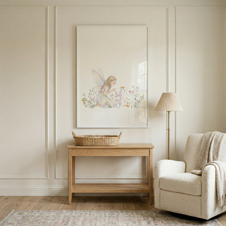 A serene interior scene features a large framed illustration on a light-colored paneled wall. The artwork depicts a delicate fairy-like girl with wings sitting in a field of pastel wildflowers next to a white goose. Below the frame sits a simple light wood console table with a woven basket on top. To the right, a brass floor lamp with a pleated shade stands beside a cozy, cream-colored upholstered armchair draped with a textured throw. The room has neutral tones and natural wood flooring.