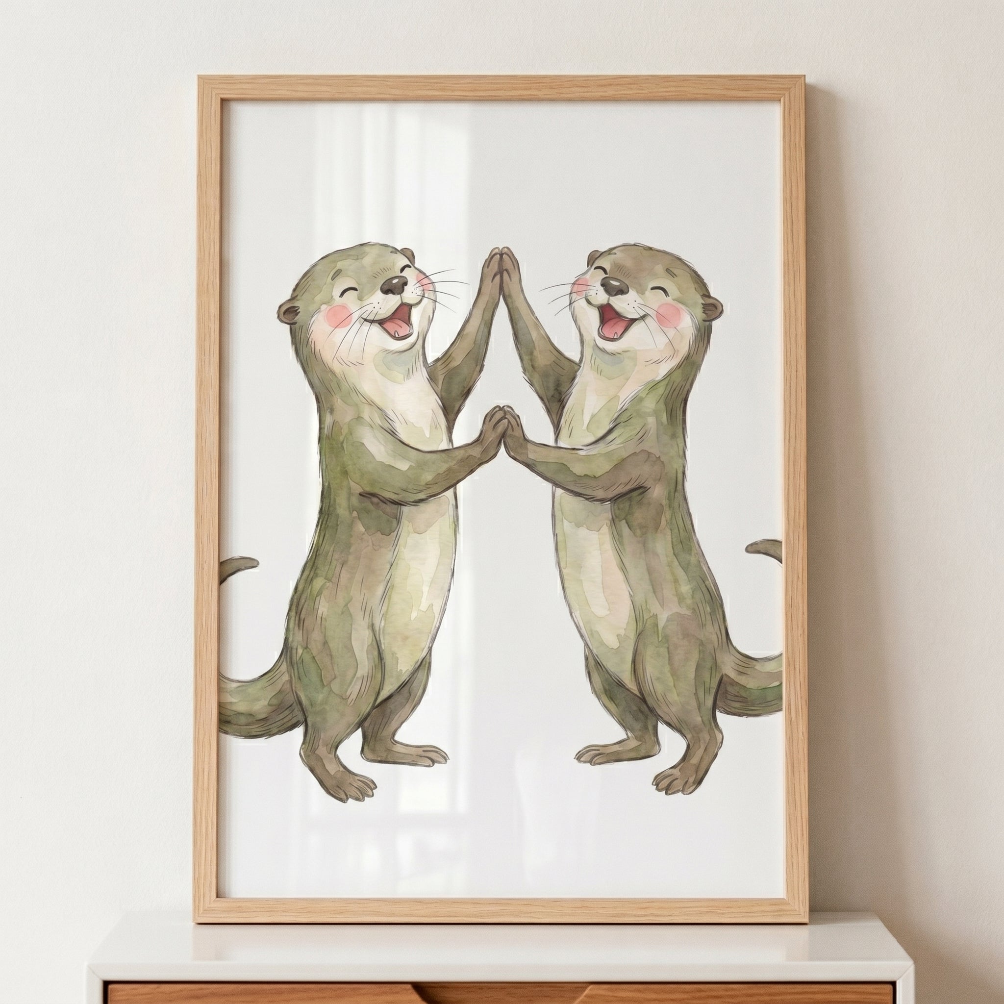 Watercolor Laughing Dancing Otter Wall Art - Happy Otter Duo