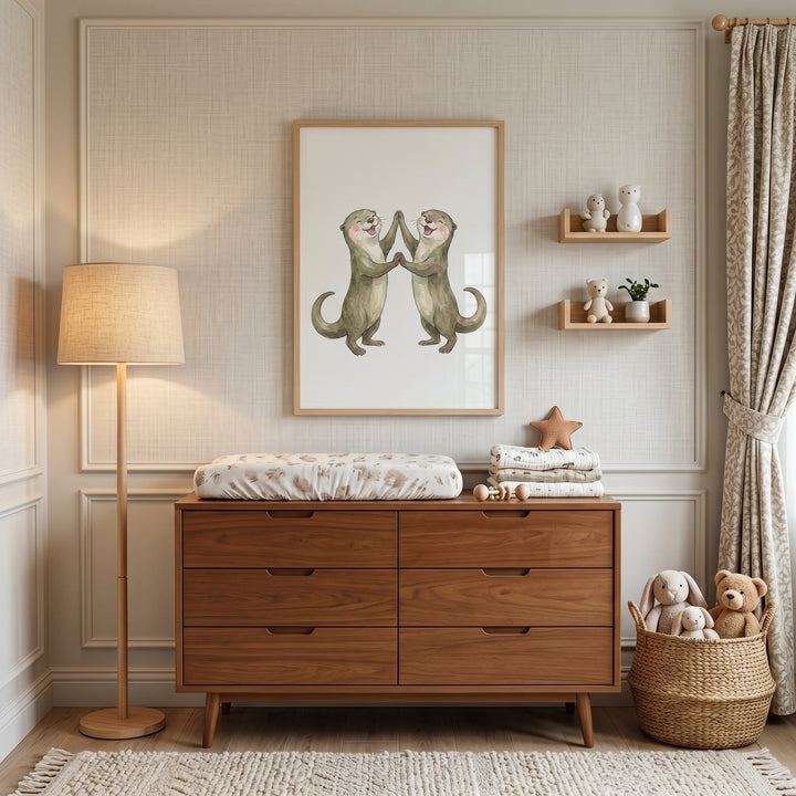 Neutral nursery featuring watercolor laughing dancing otter wall art, a wooden dresser, and a floor lamp.