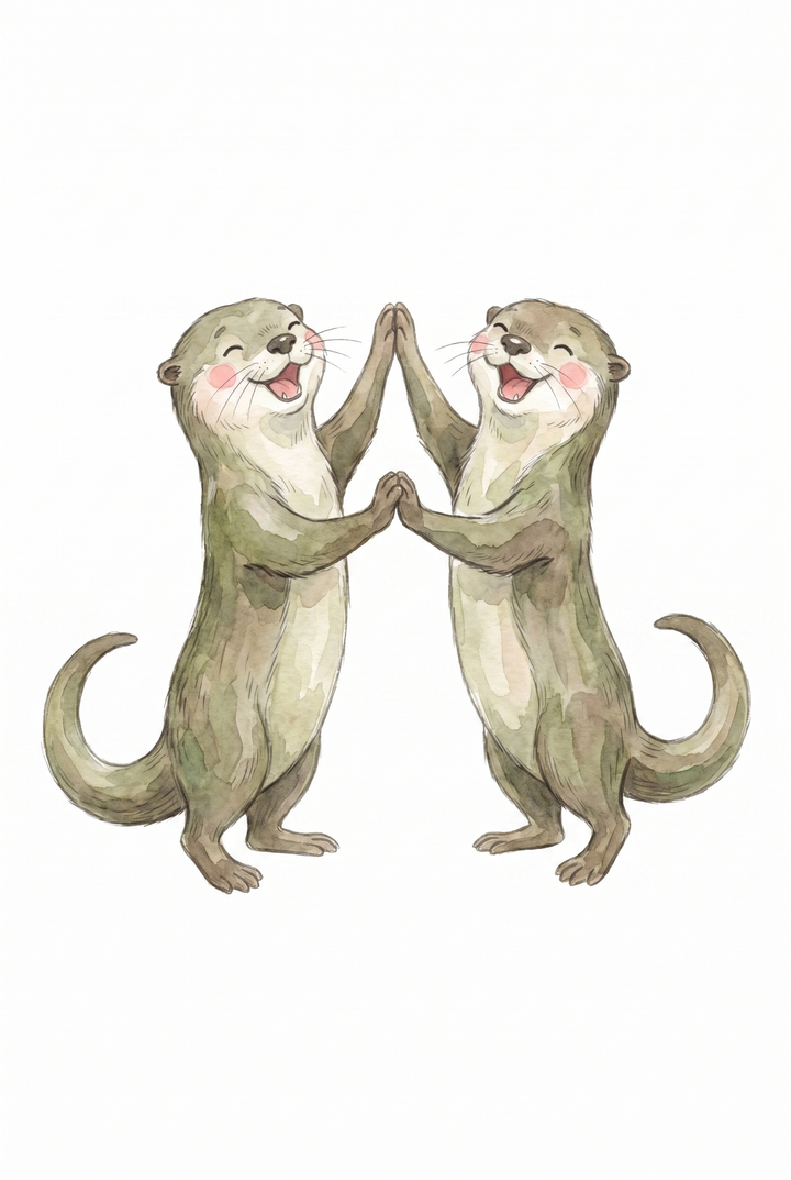 Two happy otters touch paws in this watercolor laughing dancing otter wall art on a white background.