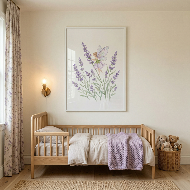A serene child’s bedroom features a light-toned wooden toddler bed with neutral linens and a lavender-colored chunky knit throw. Above the bed, a large framed artwork depicts a delicate fairy with translucent wings fluttering amidst sprigs of purple lavender. A brass wall sconce provides a soft glow nearby. Beside the bed, a wicker basket holds plush animals. Patterned curtains with a floral motif and a textured rug on light wood floors complete the calming, minimalist space.