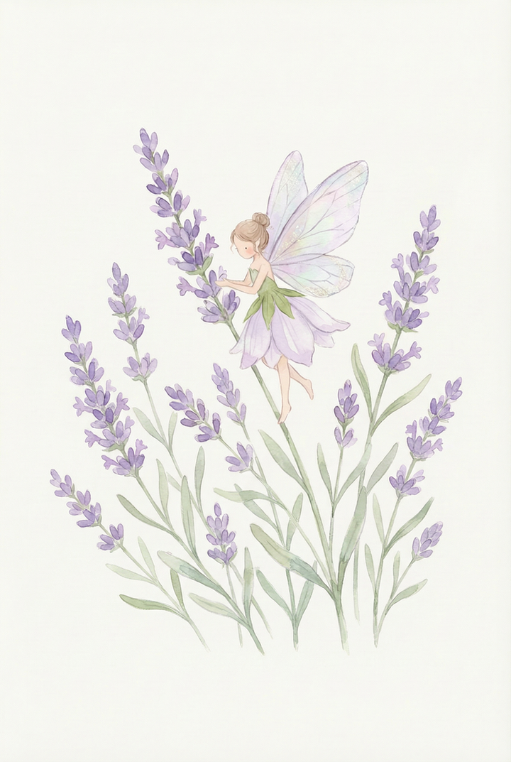 Watercolor illustration of a tiny fairy with translucent wings perched among tall lavender stems in bloom. The soft purple tones and airy composition create a peaceful and whimsical garden moment.

