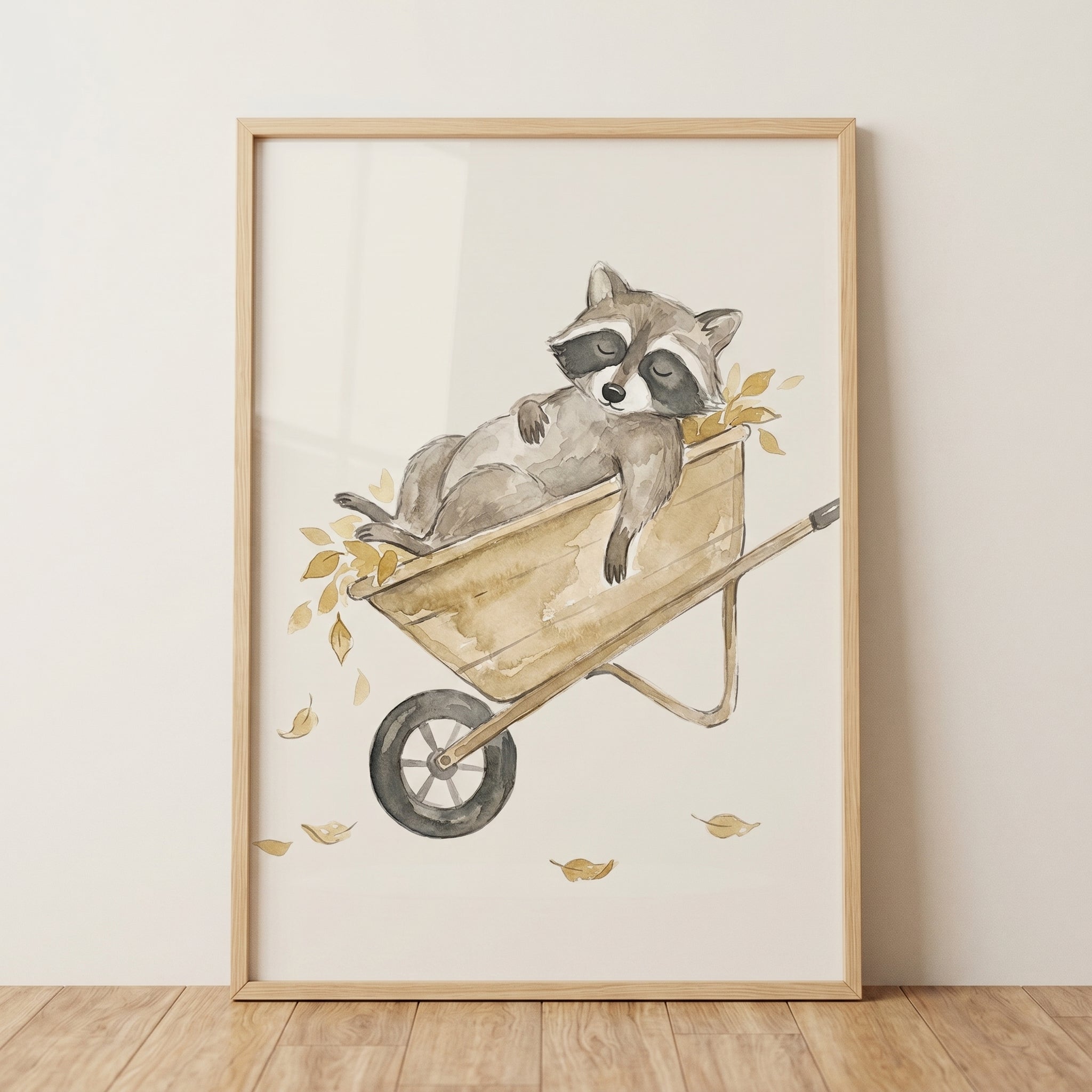 Watercolor Leaf Wheelbarrow Raccoon Wall Art - Sleepy Raccoon Nap