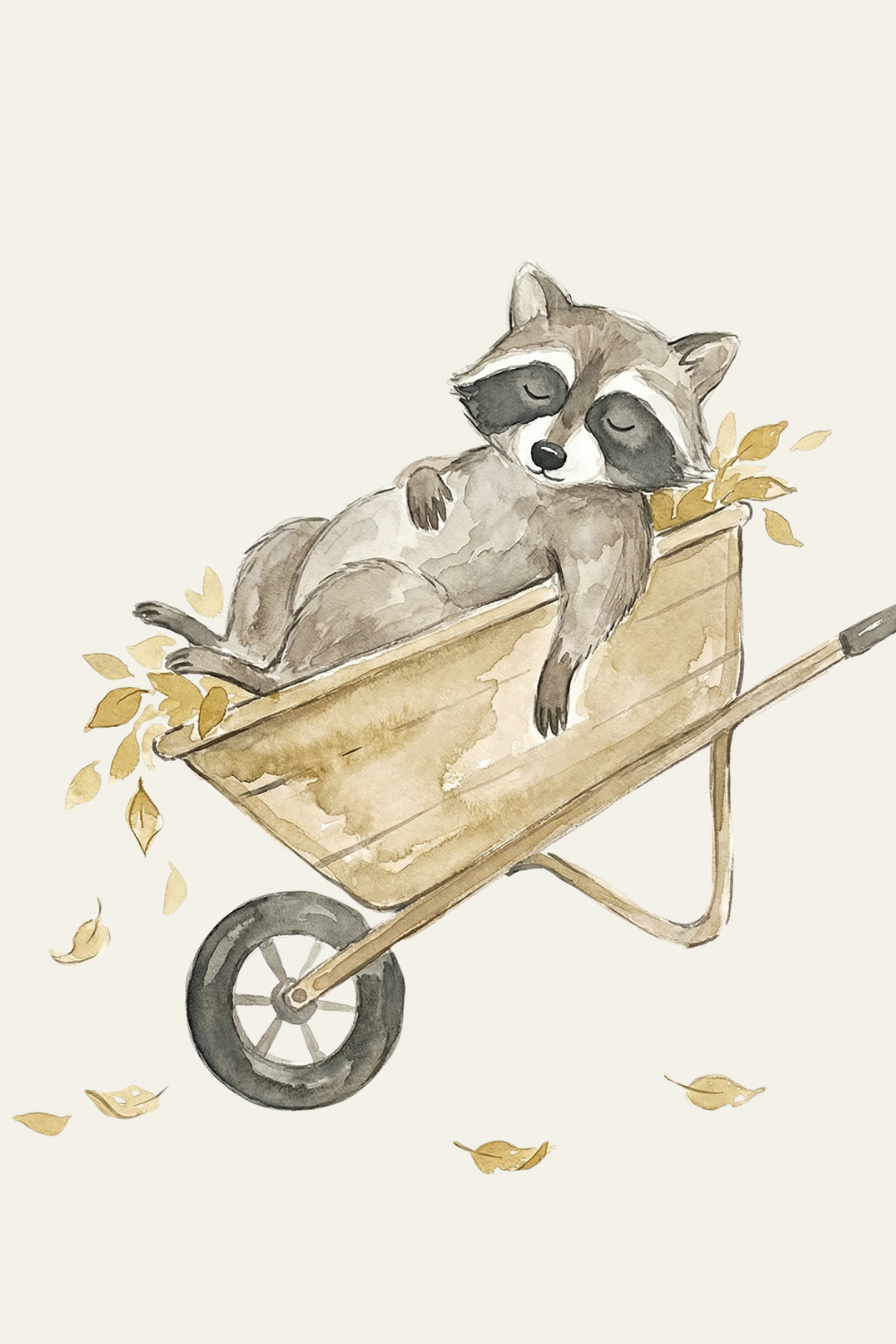 Watercolor Leaf Wheelbarrow Raccoon Wall Art - Sleepy Raccoon Nap
