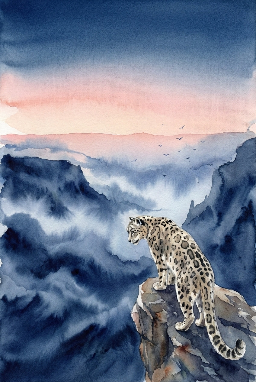A vertical watercolor illustration depicts a snow leopard standing on a rocky cliff's edge. The animal has thick, pale fur with dark rosettes and a long tail, looking out over a vast, misty mountain valley. The landscape is filled with soft indigo and blue washes that create an ethereal, foggy atmosphere. Above the horizon, the sky glows with a delicate pink and peach sunset, fading into a deep navy blue at the top. Tiny, dark birds fly in the distant sky.
