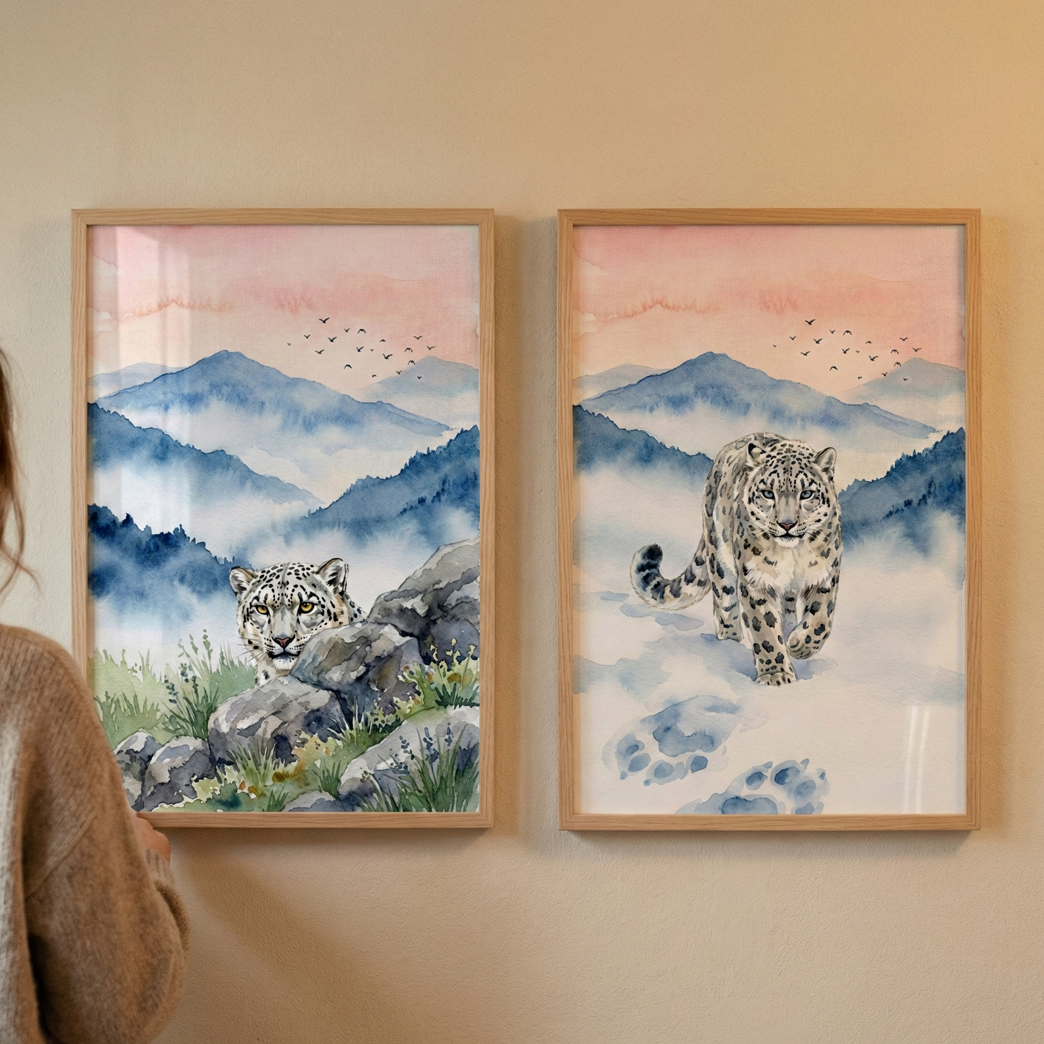 Watercolor Leopard Artwork Set of 2 - Misty Mountain Prowlers