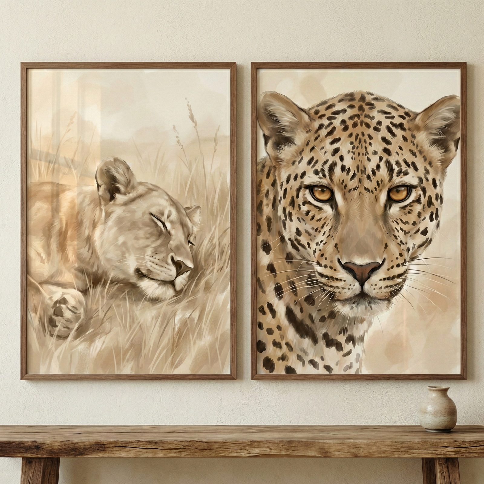 Two framed wildlife artworks hang side-by-side on a light-colored wall above a rustic wooden console table. The artwork on the left is a soft-toned illustration of a lioness sleeping in tall grass. The piece on the right is a detailed close-up portrait of a leopard with distinct spots and intense yellow eyes looking forward. Both are housed in simple brown wooden frames. On the weathered wooden table below, a small, light-colored ceramic vase sits on the right side.