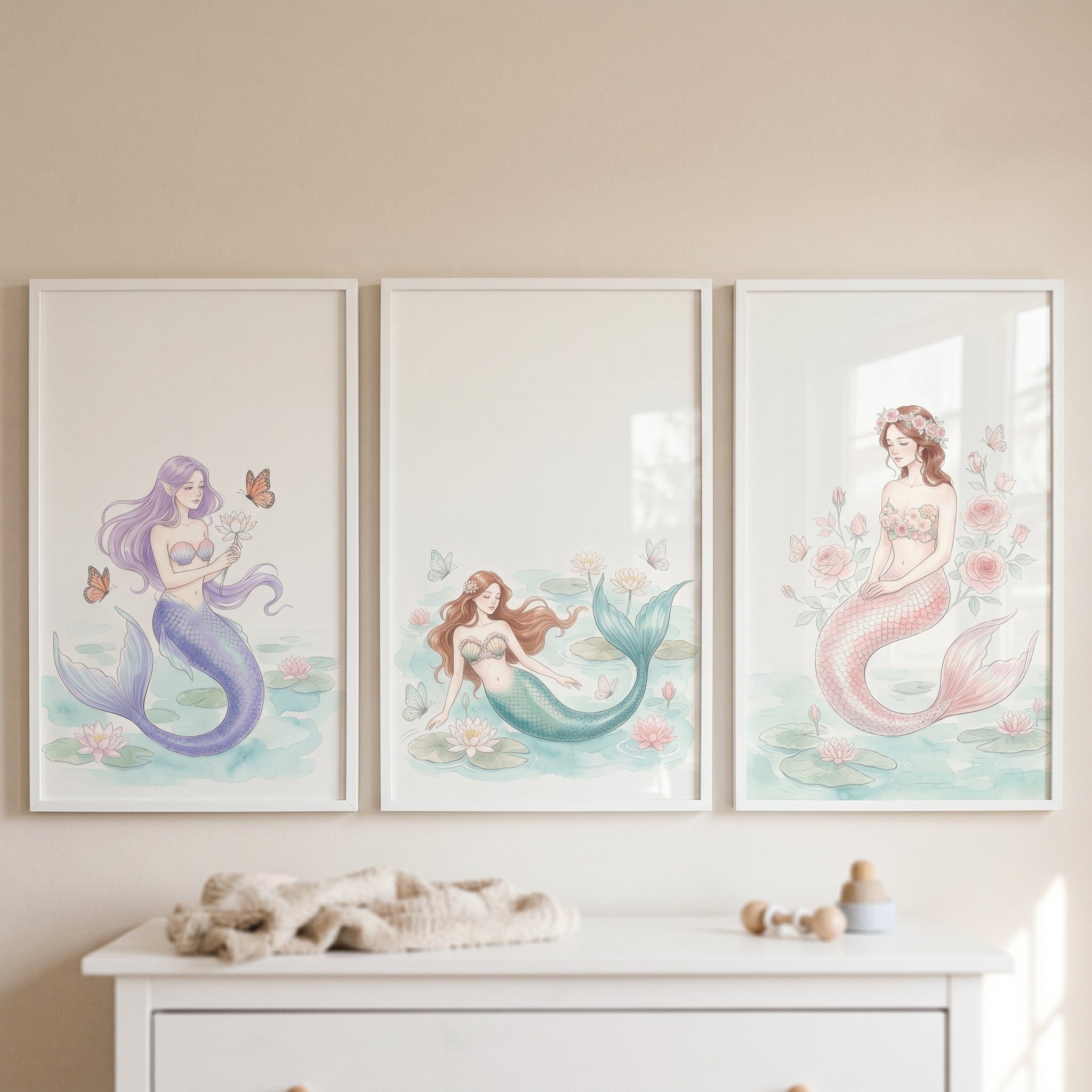 Watercolor Lily Pond Mermaid Wall Art Set of 3 - Graceful Ocean Sirens