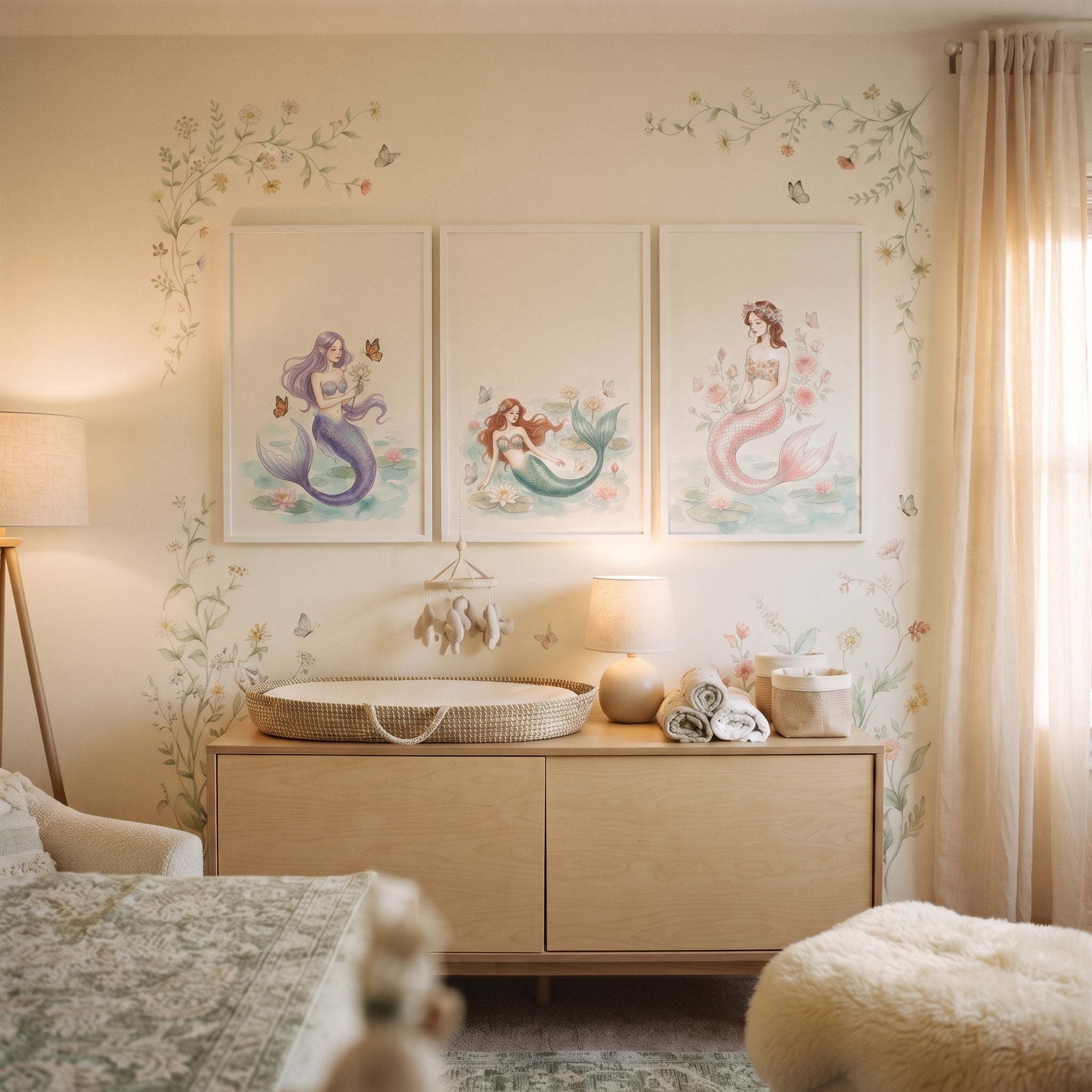 Watercolor Lily Pond Mermaid Wall Art Set of 3 - Graceful Ocean Sirens