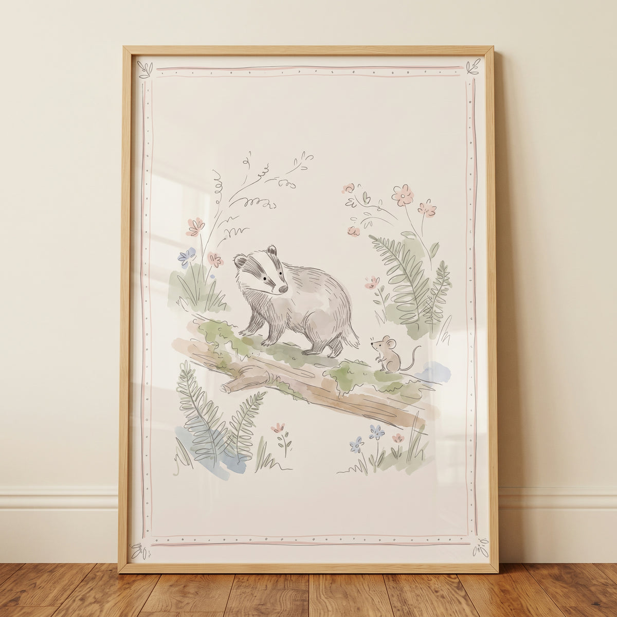 Watercolor Log Badger Wall Art - Woodland Friends