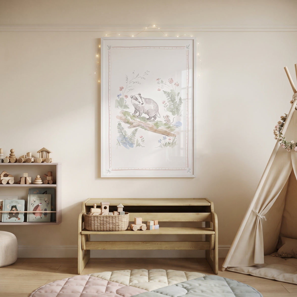Watercolor Log Badger Wall Art - Woodland Friends