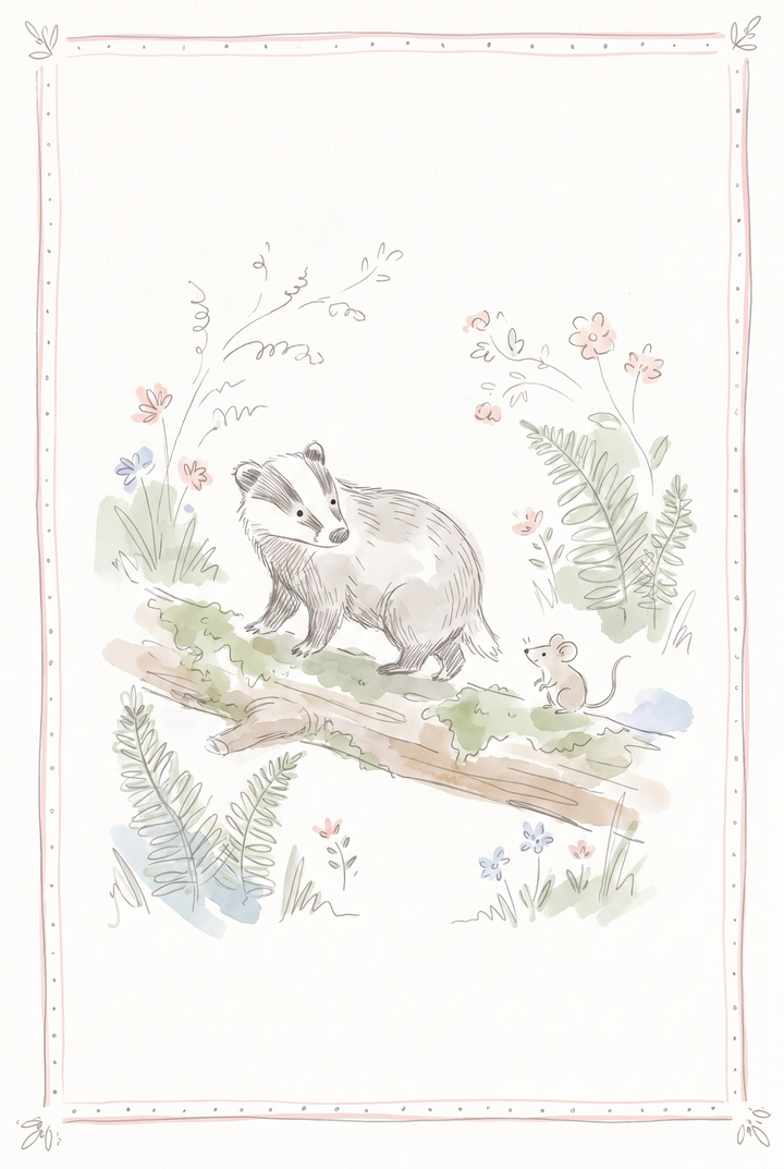 A badger and a mouse on a mossy branch with flowers and ferns in this watercolor log badger wall art.