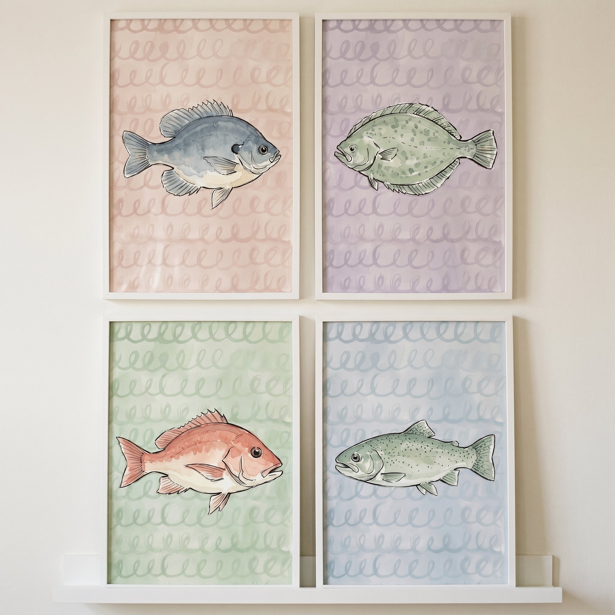Watercolor Loopy Pattern Fish Wall Art Set of 4 - Pastel Fish Quartet