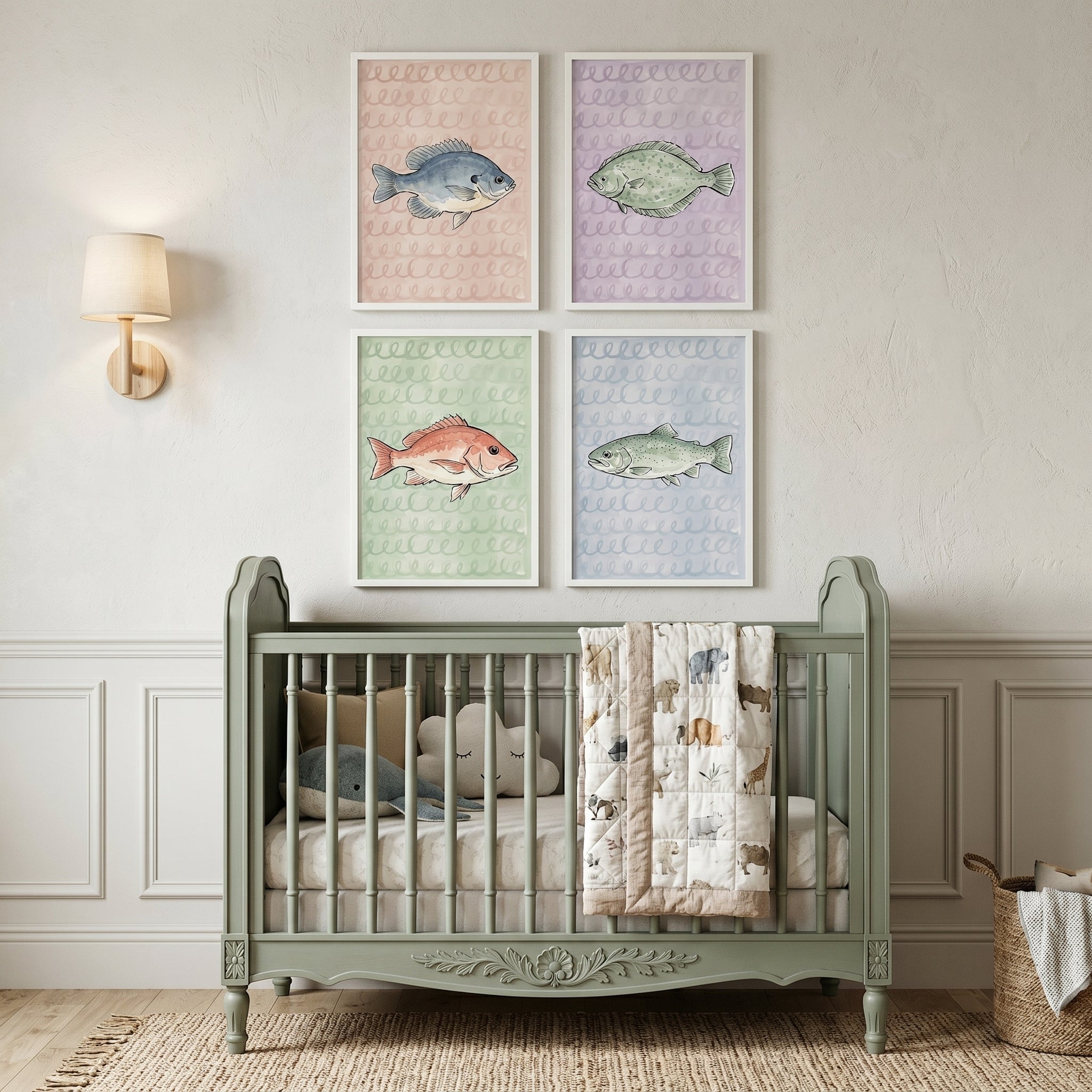 Watercolor Loopy Pattern Fish Wall Art Set of 4 - Pastel Fish Quartet