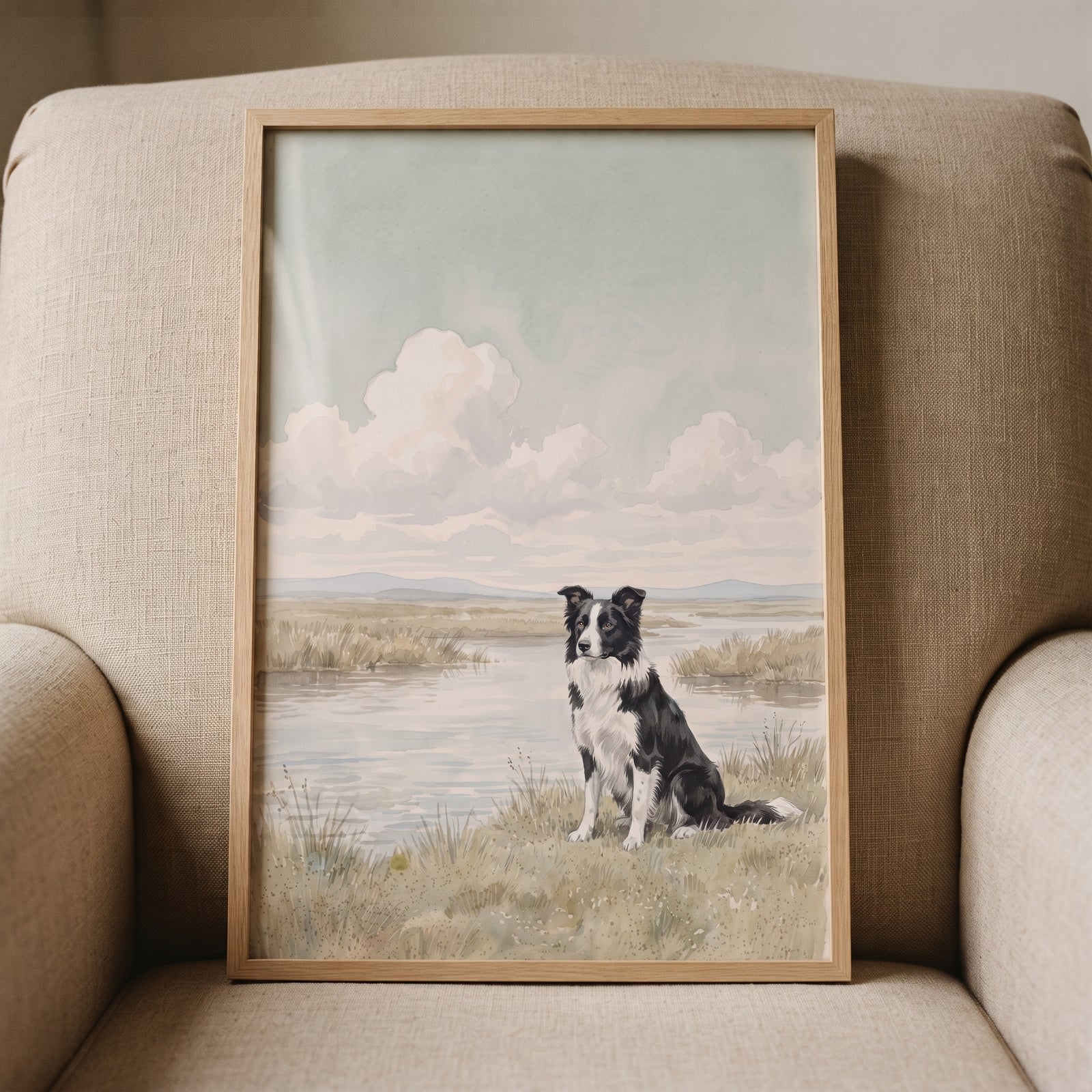 Watercolor marsh border collie dog wall art in a wooden frame sits on a neutral fabric armchair.