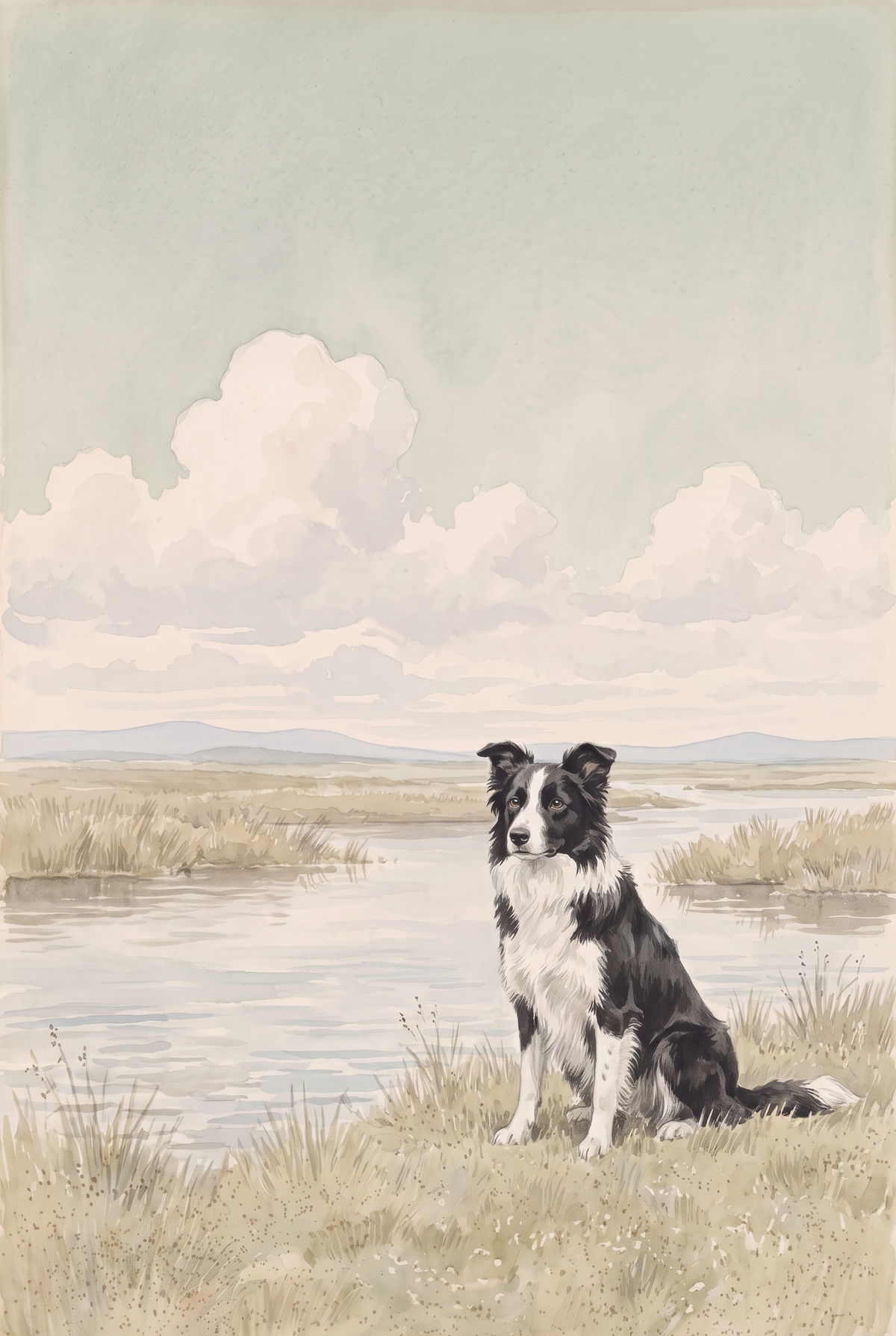 Watercolor Marsh Border Collie Dog Wall Art - Loyal River Guardian