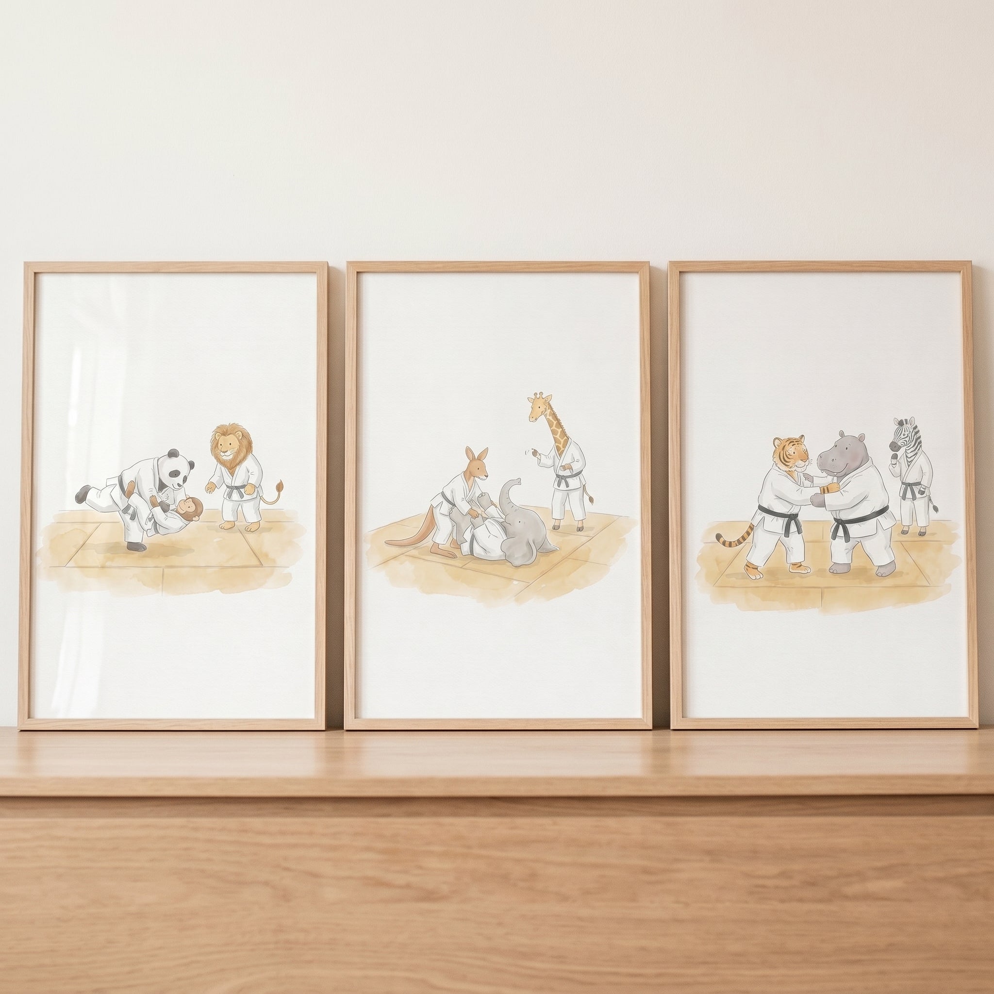 Watercolor Martial Arts Animals Wall Art Set of 3 - Jungle Judo Club