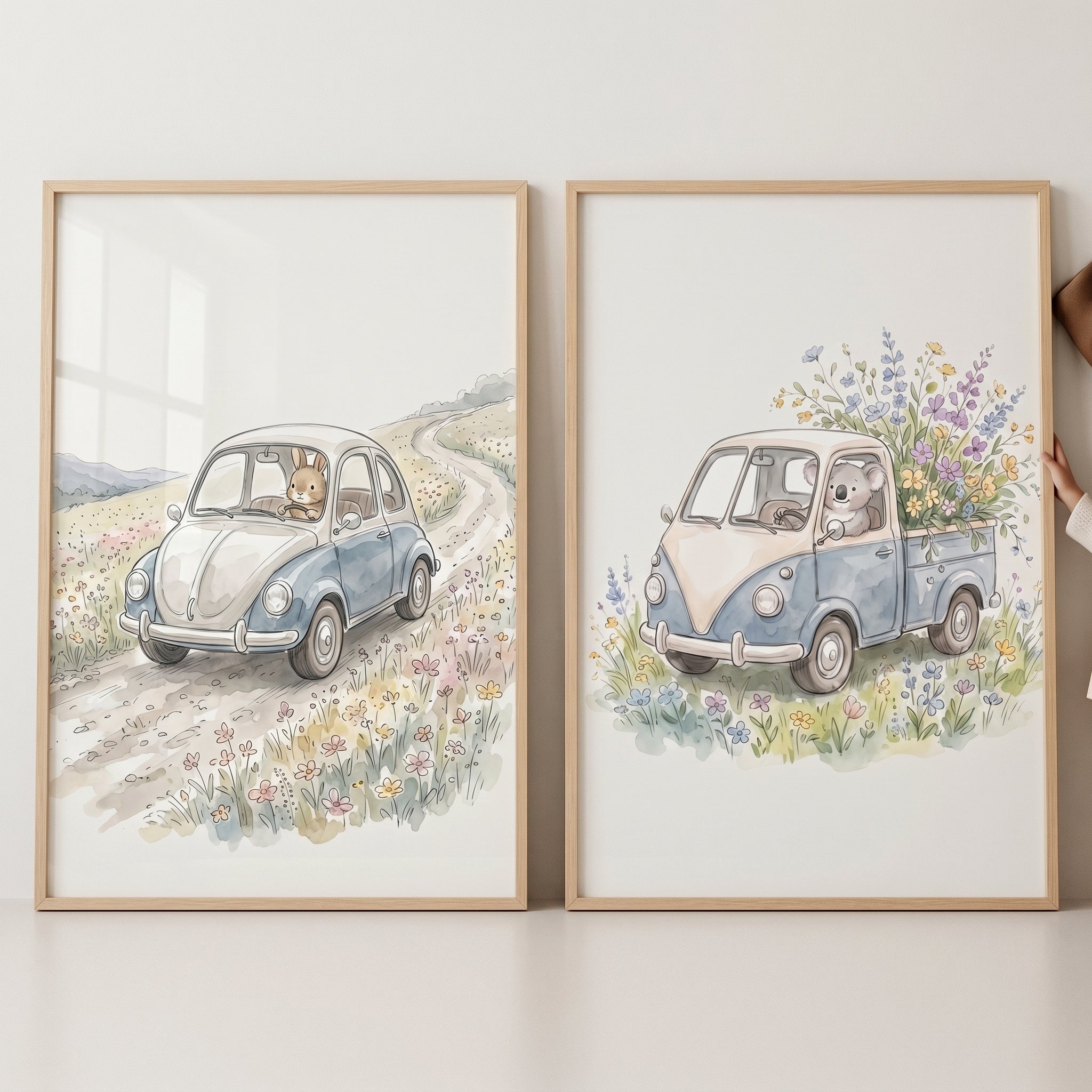 Watercolor Meadow Driving Animals Wall Art Set of 2 - Blossom Trail Buddies