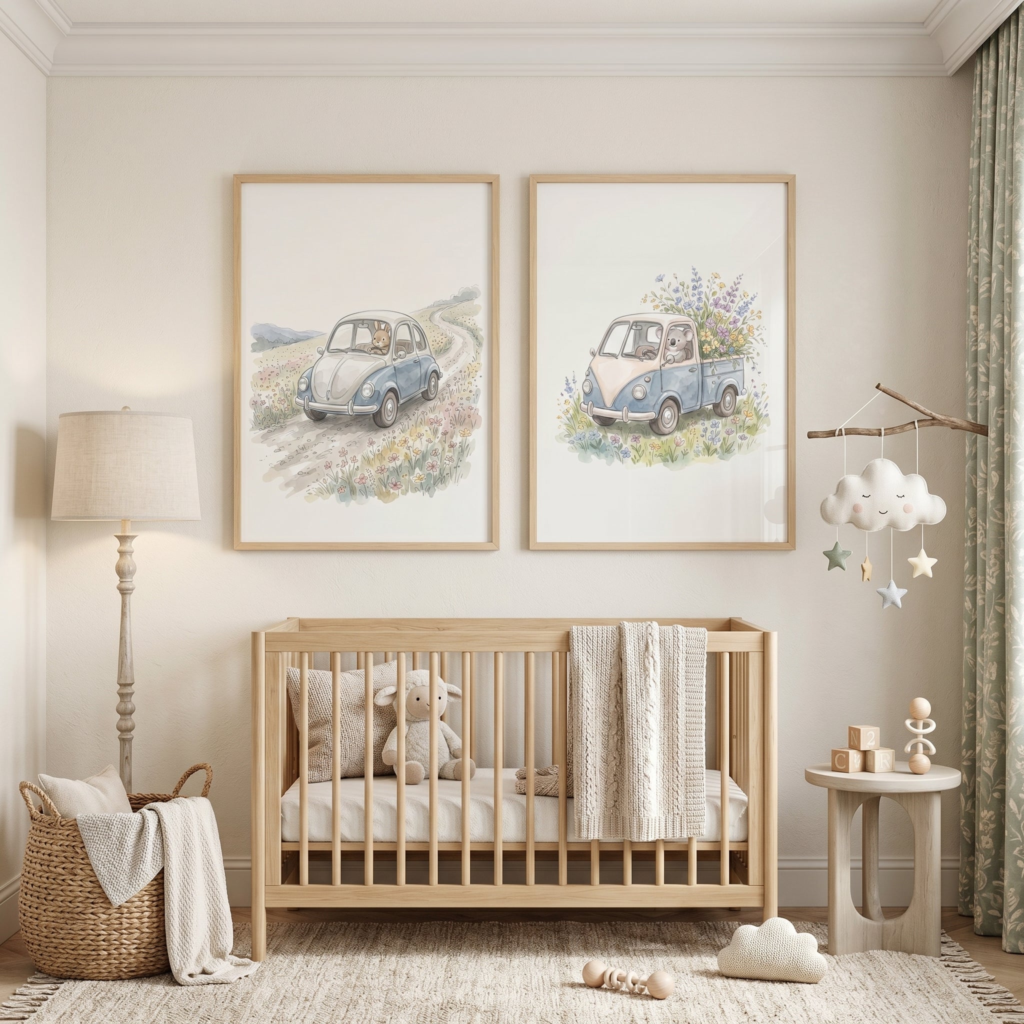Watercolor Meadow Driving Animals Wall Art Set of 2 - Blossom Trail Buddies