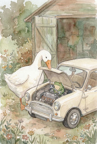  A white duck looks under the open hood of a small vintage car parked beside a rustic shed. A green frog sits inside the engine area holding a wrench as if helping fix the car. The setting is surrounded by soft greenery and flowers in a warm countryside scene.


