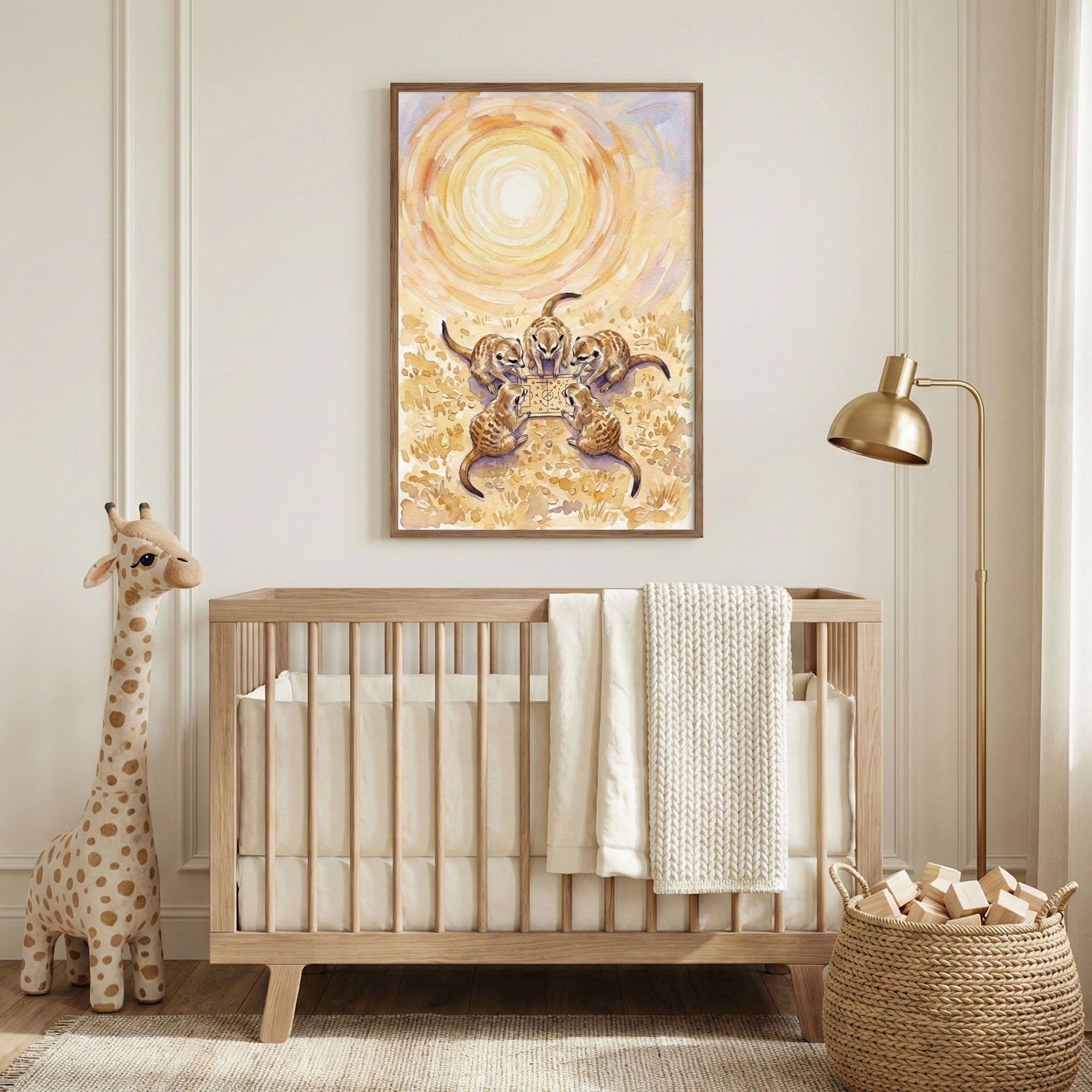 A serene and contemporary nursery features a piece of framed art as its focal point on a neutral-colored wall. The artwork depicts five meerkats gathered in a circle on a golden, textured ground, with a large, radiant sun swirling in shades of yellow, orange, and soft purple above them. Beneath the framed illustration is a light-toned wooden crib with vertical slats, dressed in white bedding and a cream-colored knit blanket draped over the side. 