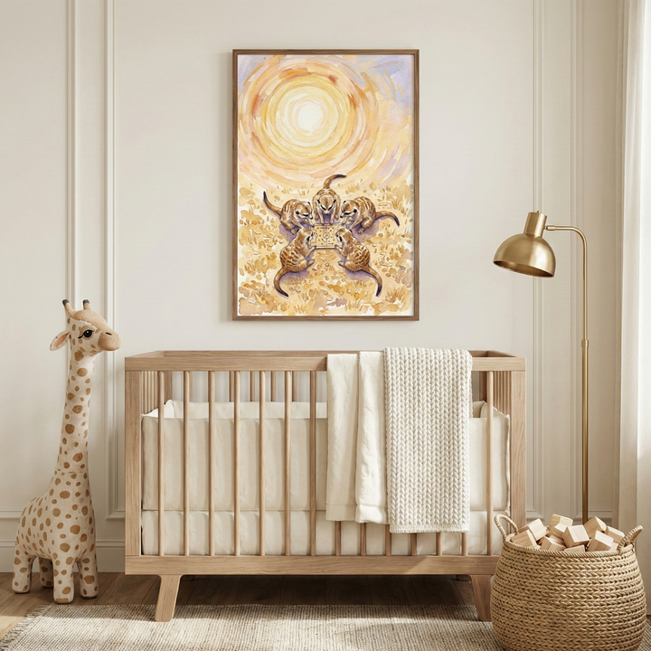 A serene and contemporary nursery features a piece of framed art as its focal point on a neutral-colored wall. The artwork depicts five meerkats gathered in a circle on a golden, textured ground, with a large, radiant sun swirling in shades of yellow, orange, and soft purple above them. Beneath the framed illustration is a light-toned wooden crib with vertical slats, dressed in white bedding and a cream-colored knit blanket draped over the side. 