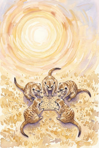  Five meerkats sit in a circle on sandy ground studying a small board with drawn X and O markings like a game plan. The bright swirling sun overhead and soft desert tones give the watercolor illustration a playful and imaginative feel.

