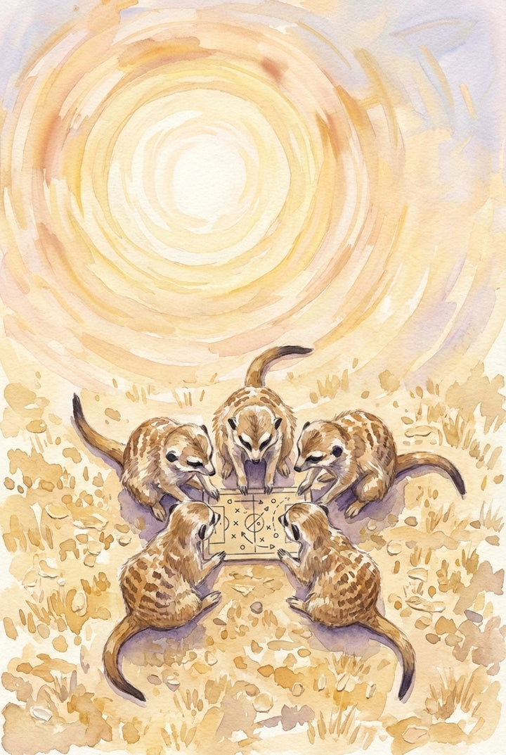  Five meerkats sit in a circle on sandy ground studying a small board with drawn X and O markings like a game plan. The bright swirling sun overhead and soft desert tones give the watercolor illustration a playful and imaginative feel.

