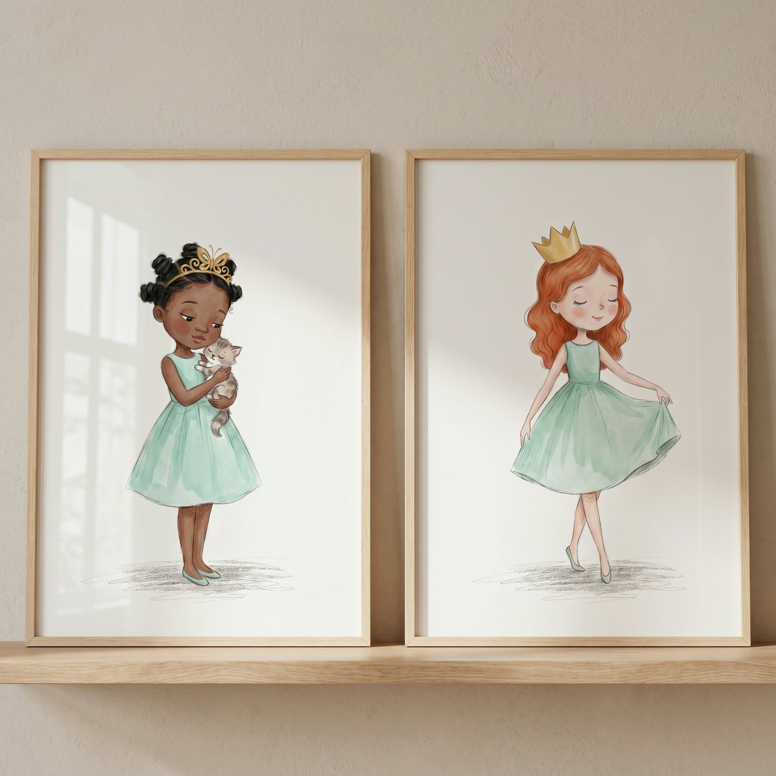 Watercolor mint dress princess wall art set of 2 shows two girls in green dresses, one holding a kitten and one dancing.