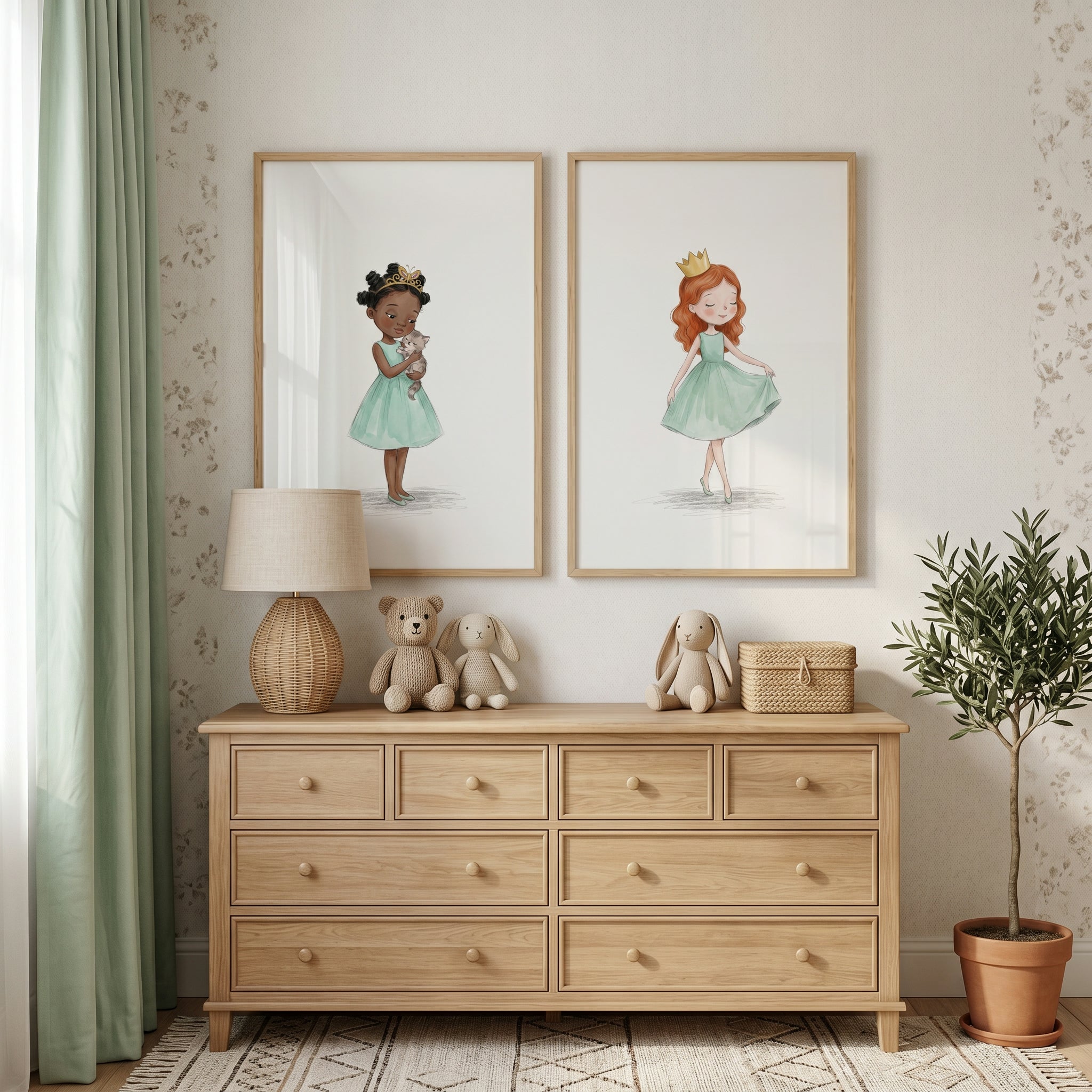 Watercolor Mint Dress Princess Wall Art Set of 2 - Sweet Princess Duo