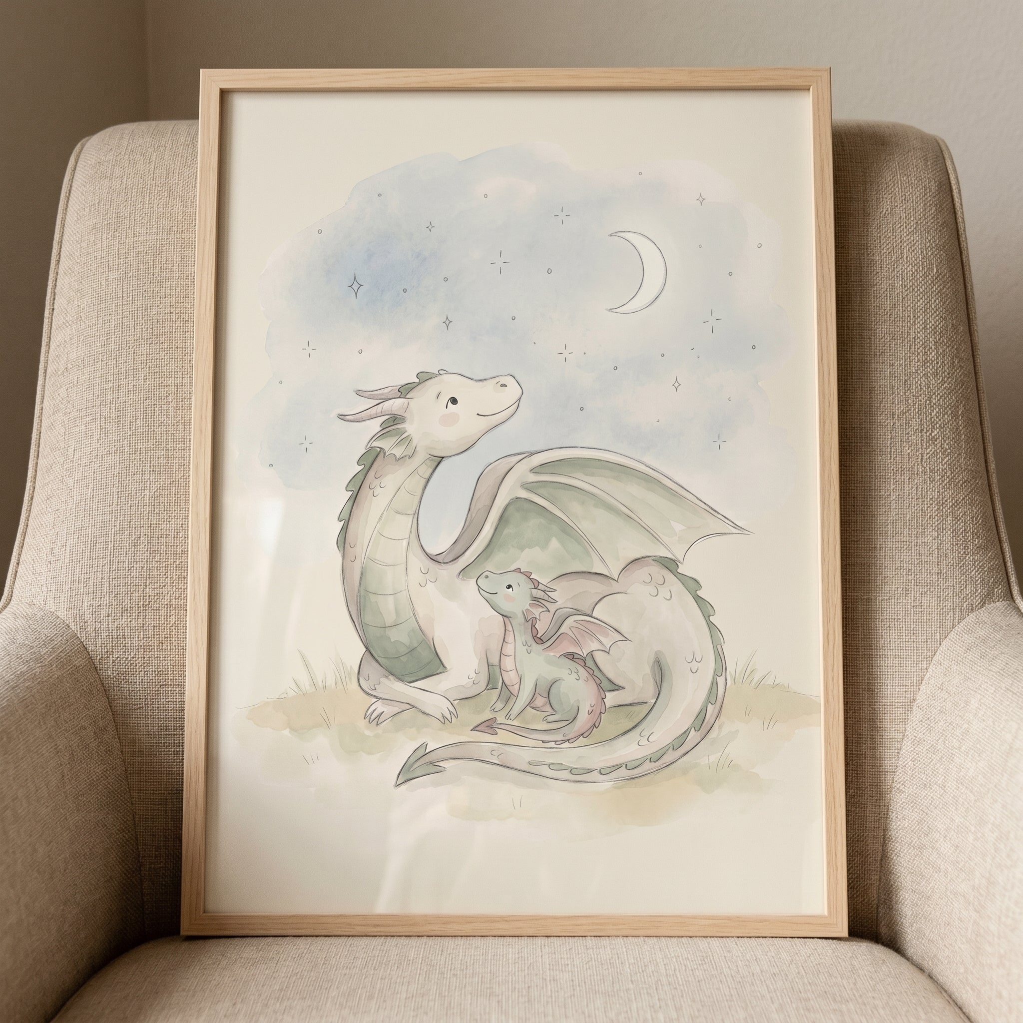 Watercolor Moon Stars Dragon Wall Art - Moonlit Dragon Bond